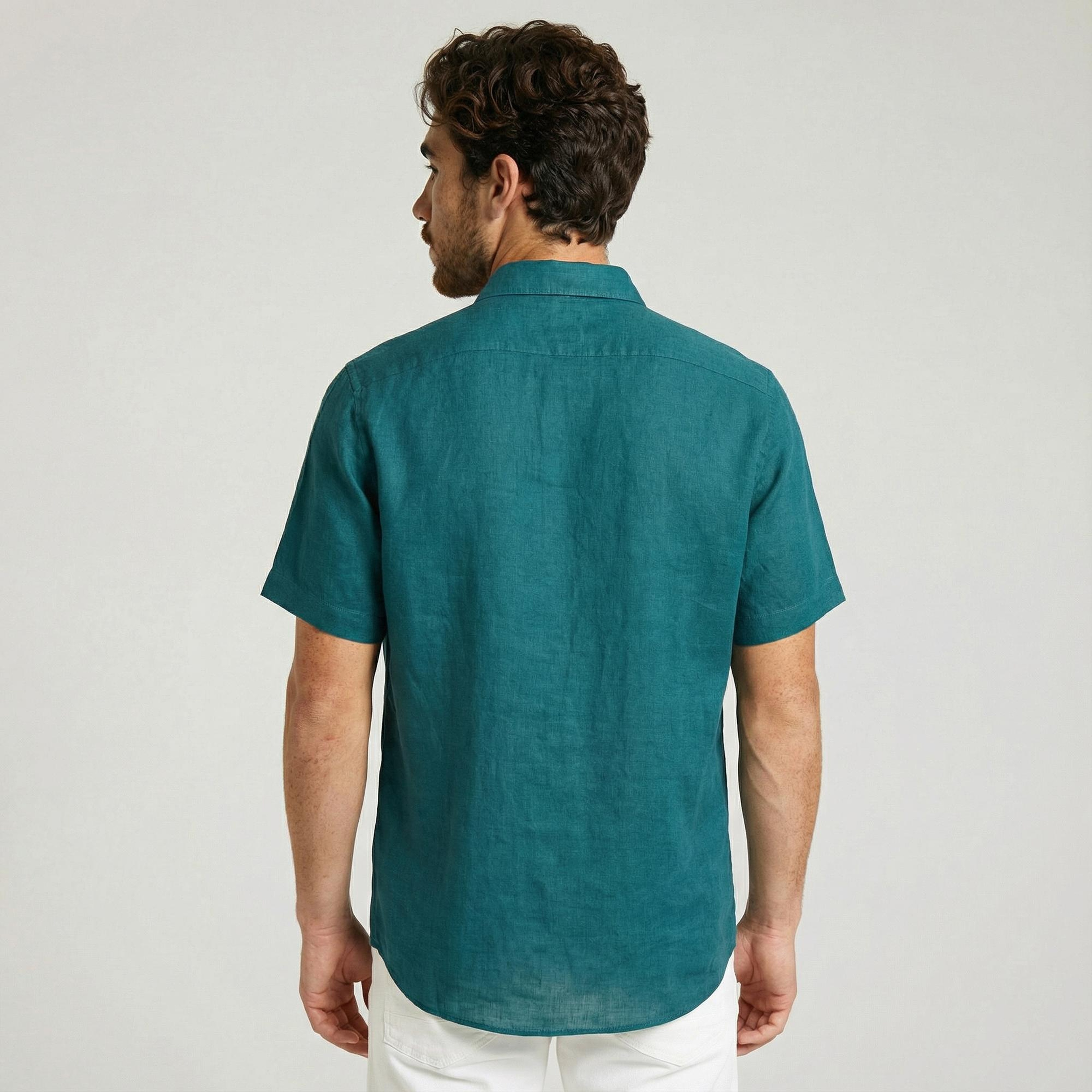 Nautica Erkek Yeşil Classic Fit Kısa Kollu Keten Gömlek