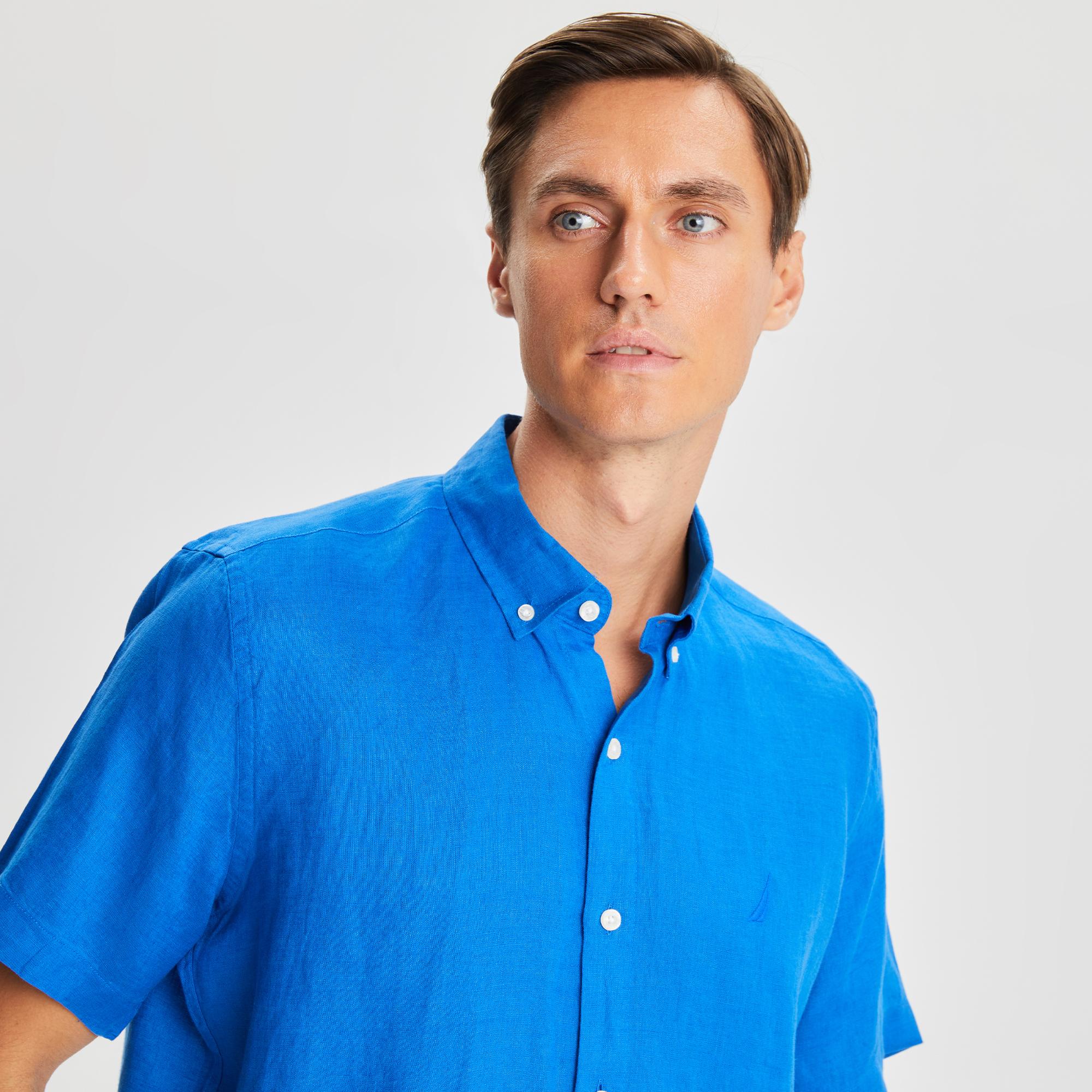 Nautica Erkek Mavi Classic Fit Kısa Kollu Keten Gömlek