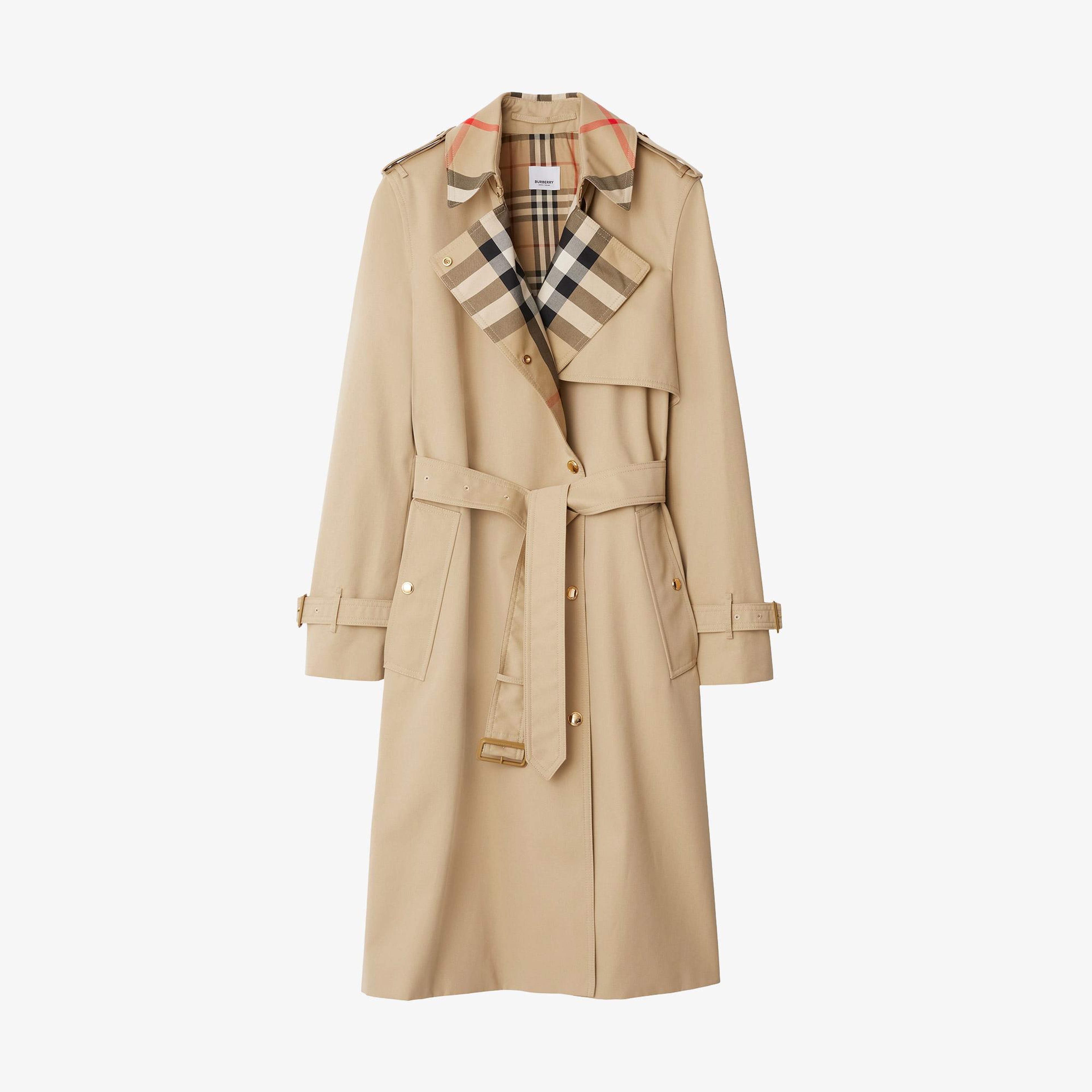 Burberry Sandridge Long Check Collar Gabardine Kadın Bej Pardesü