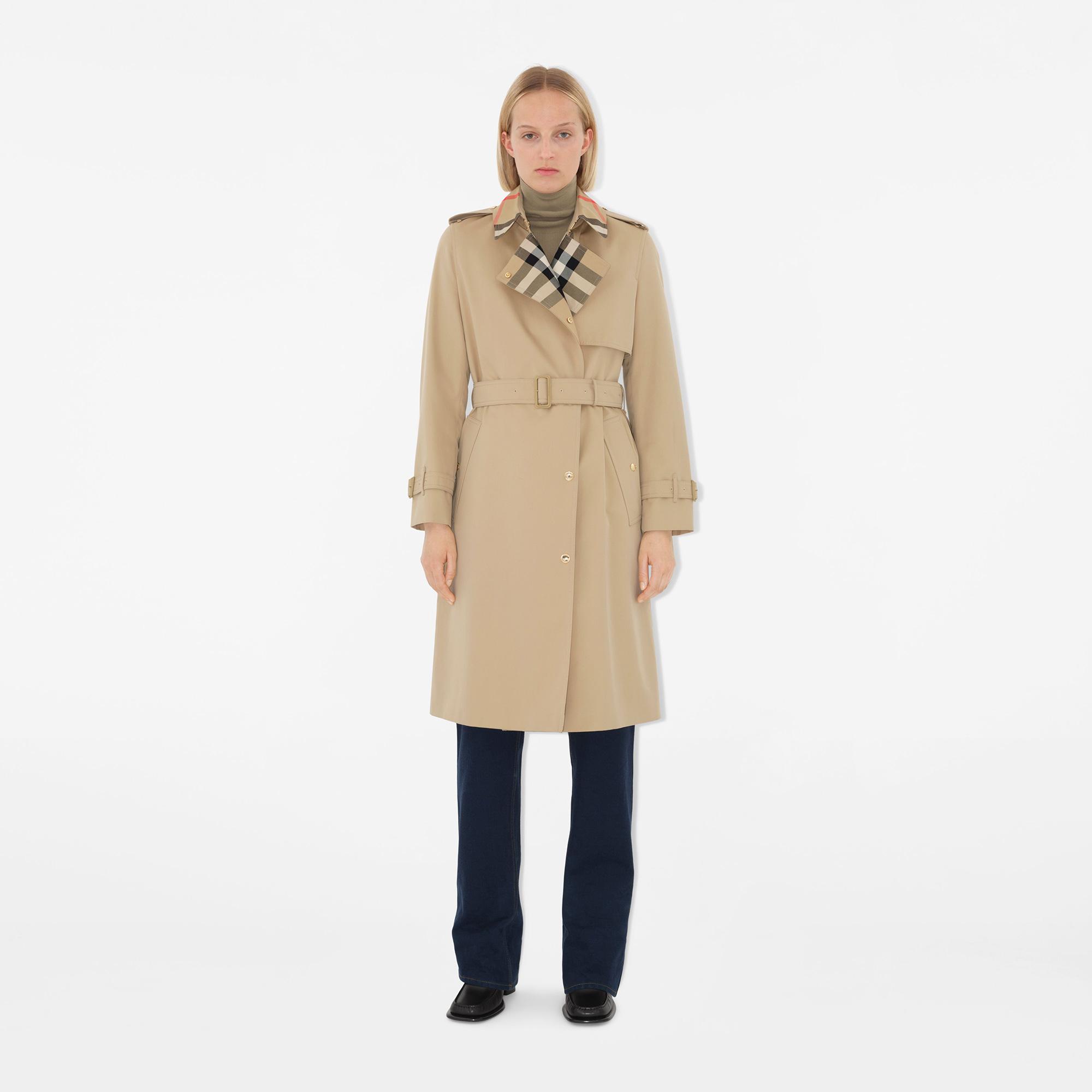Burberry Sandridge Long Check Collar Gabardine Kadın Bej Pardesü