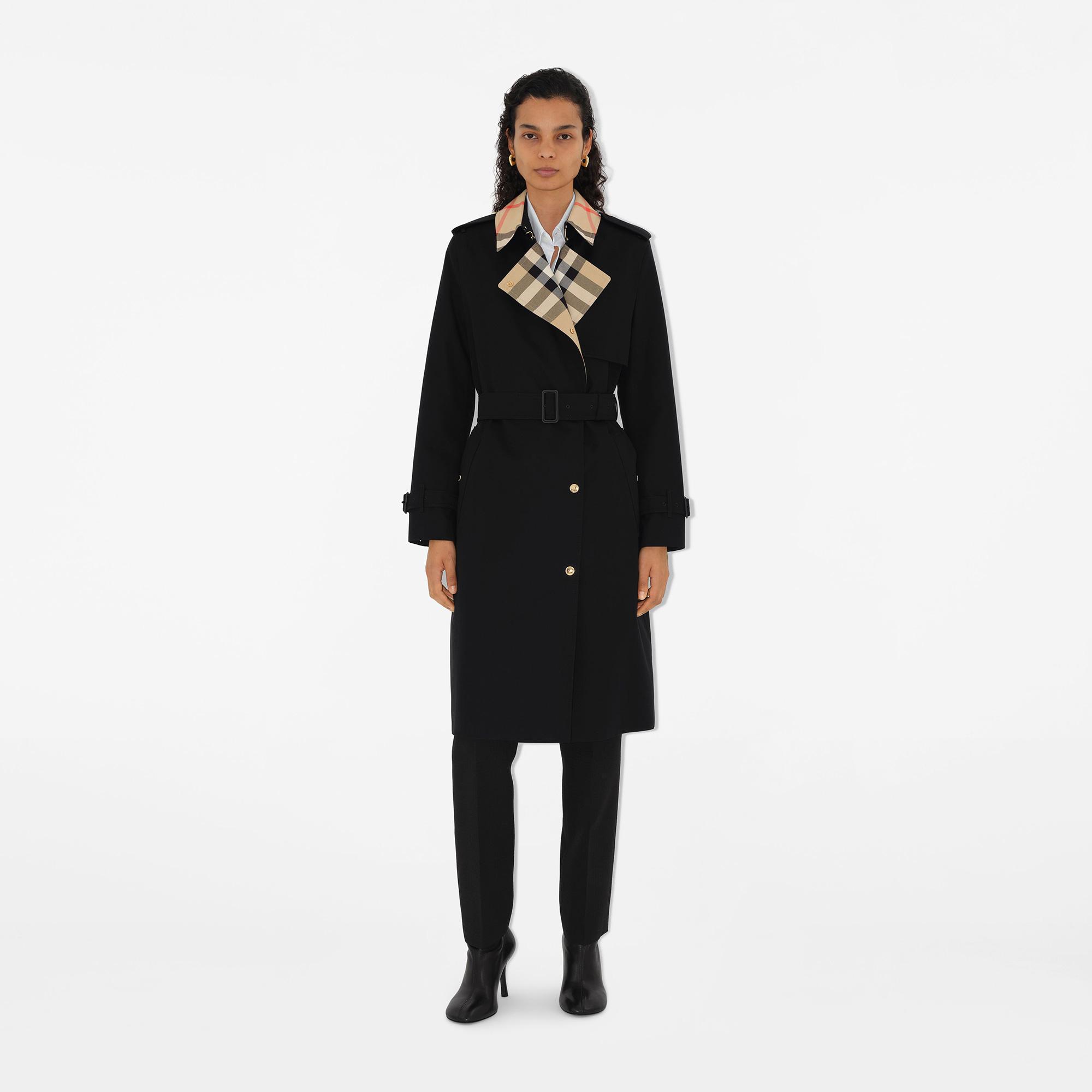 Burberry Sandridge Long Check Collar Gabardine Kadın Siyah Pardesü