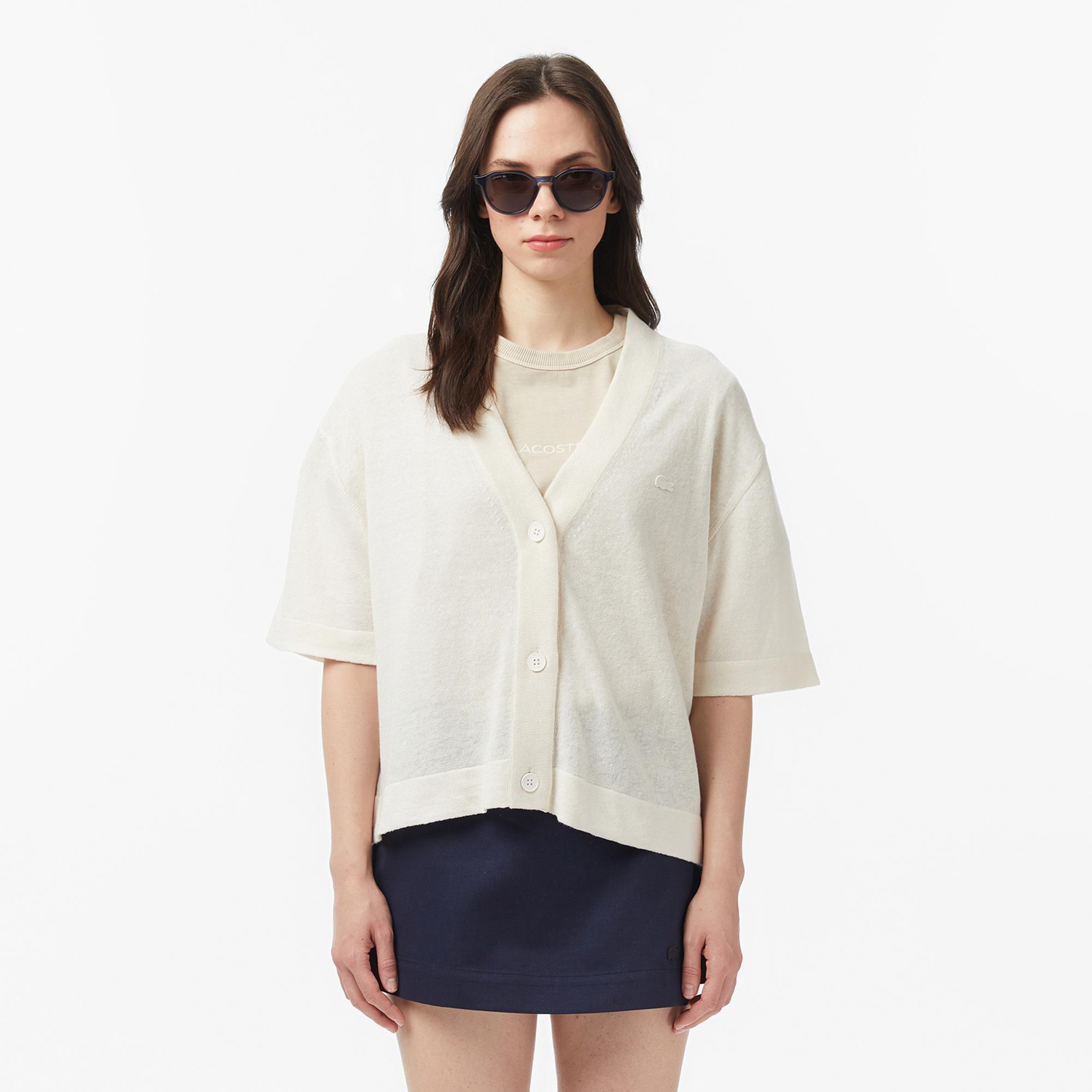 Lacoste Kadın Relaxed Fit Kısa Kollu V Yaka Keten Krem Hırka