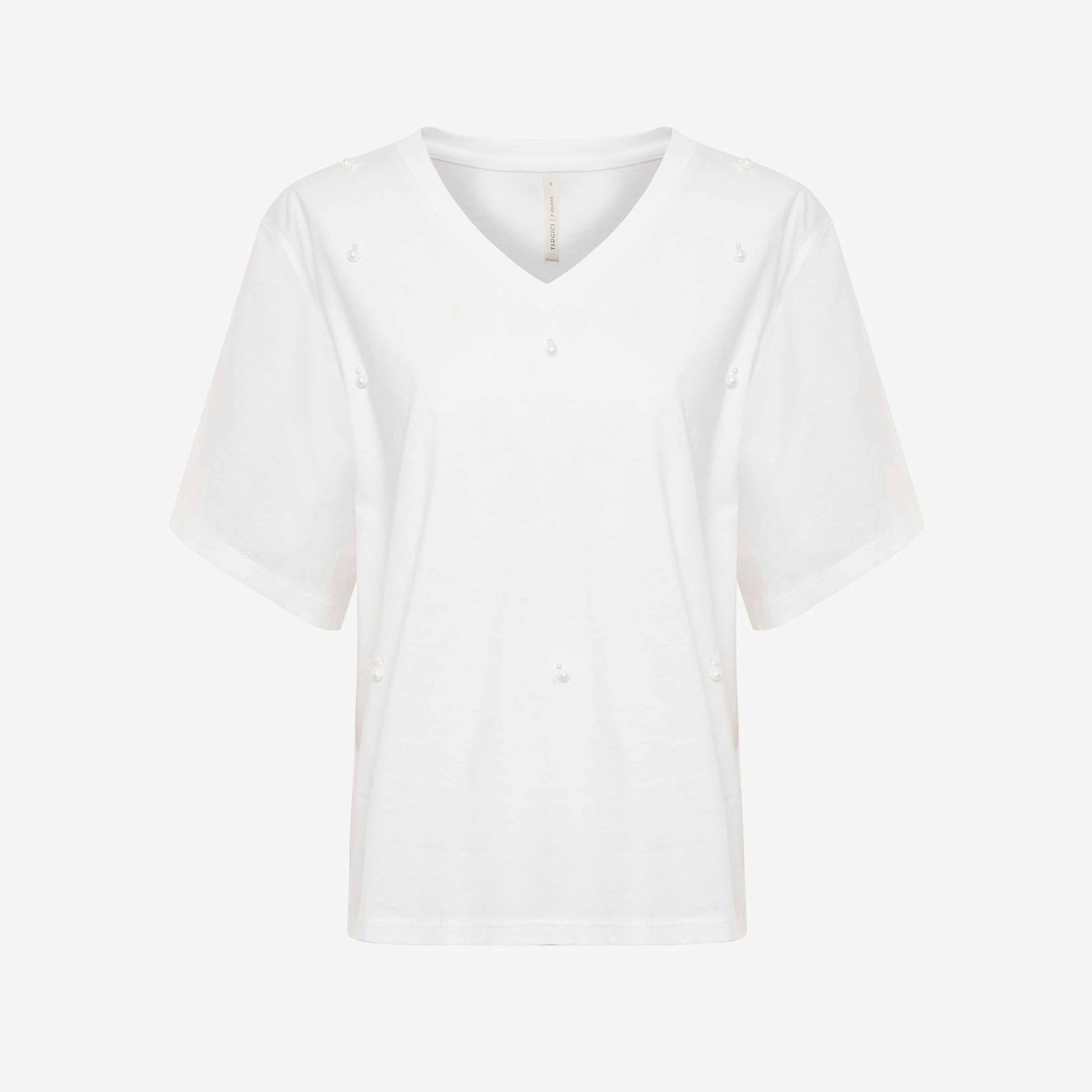 YARGICI Boncuk Detaylı V Yaka Kısa Kollu T-shirt