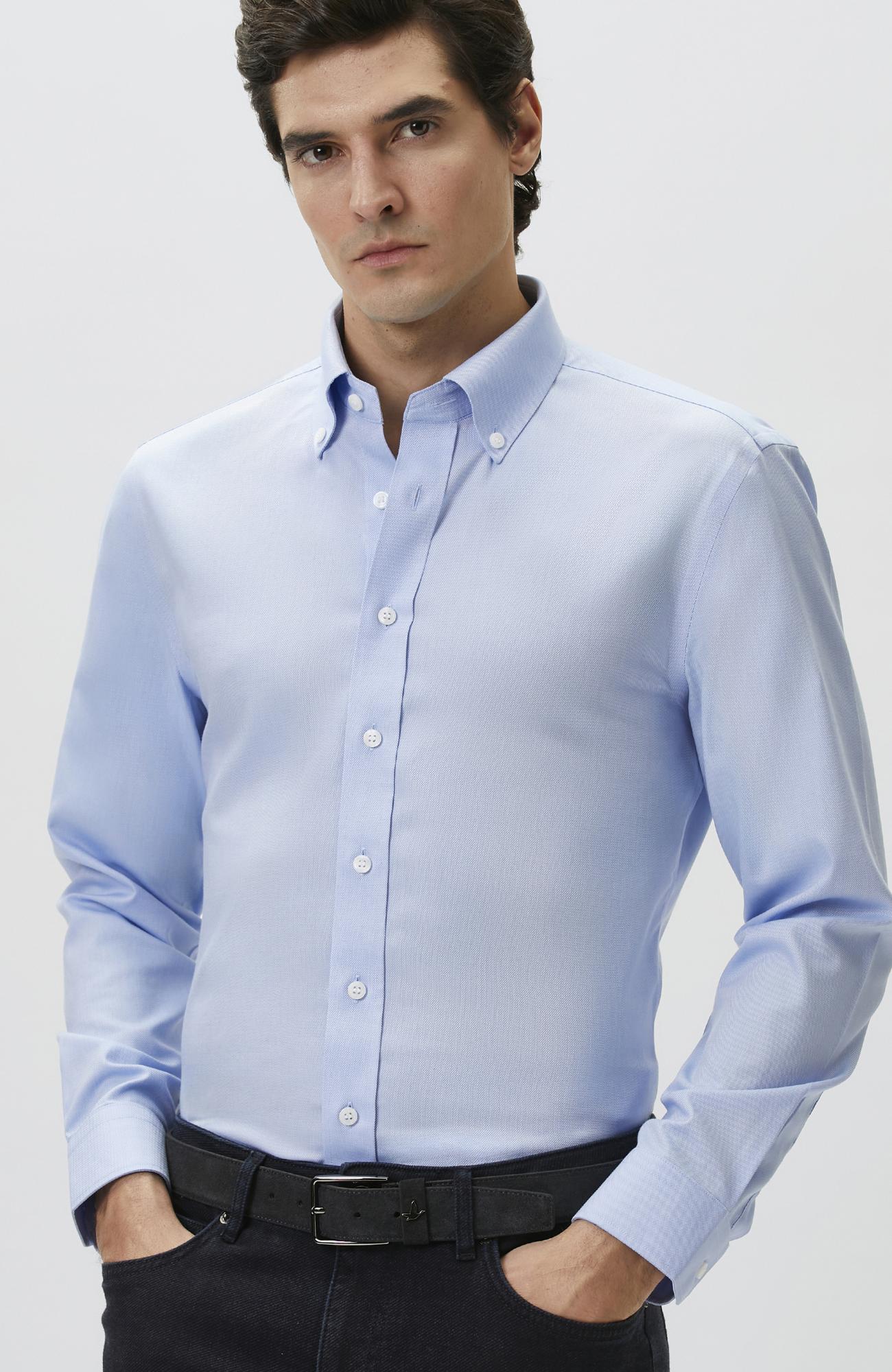 Network Erkek Slim Fit Mavi Non-iron Oxford Gömlek