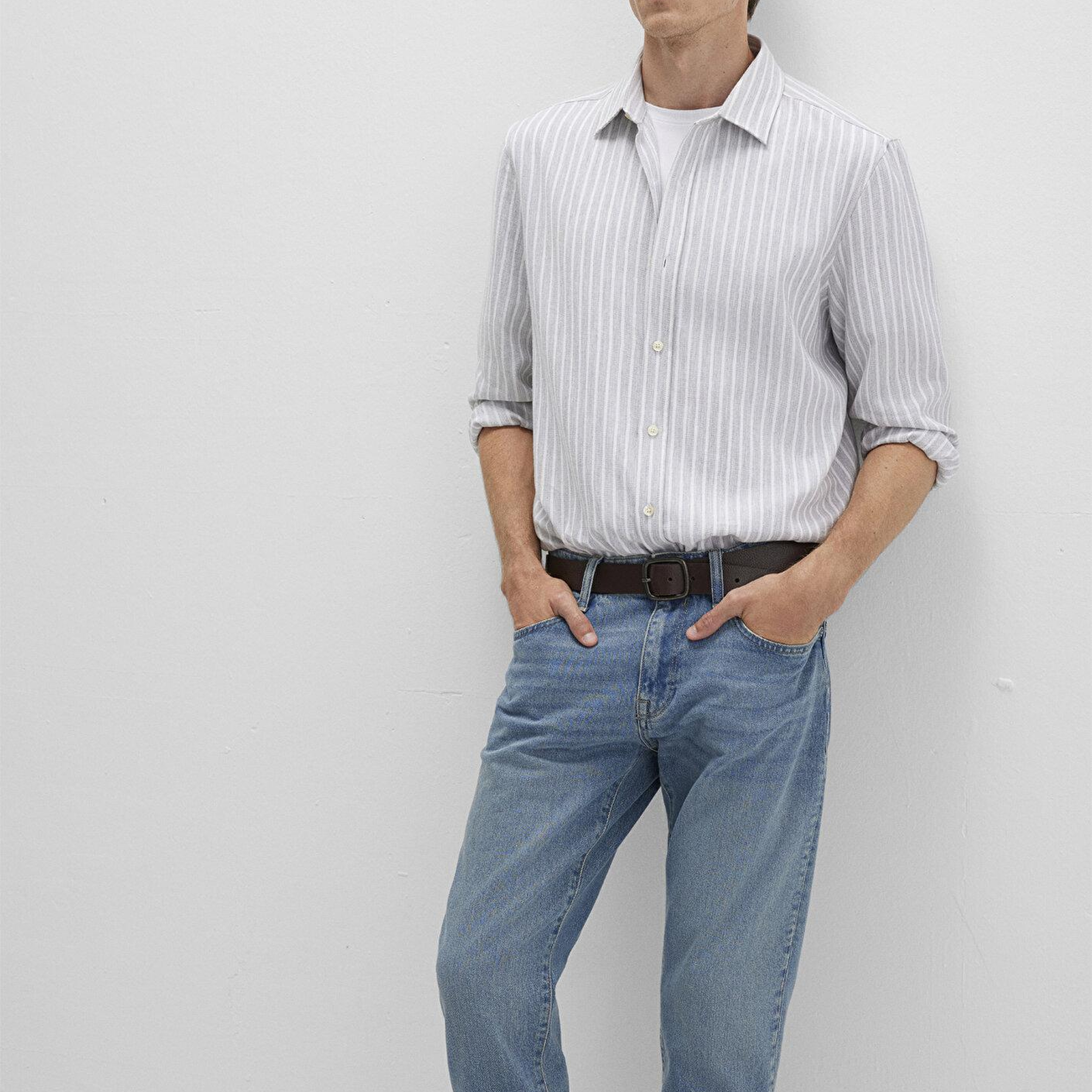 Mavi Çizgili Gri Gömlek Regular Fit / Normal Kesim 0211693-91013