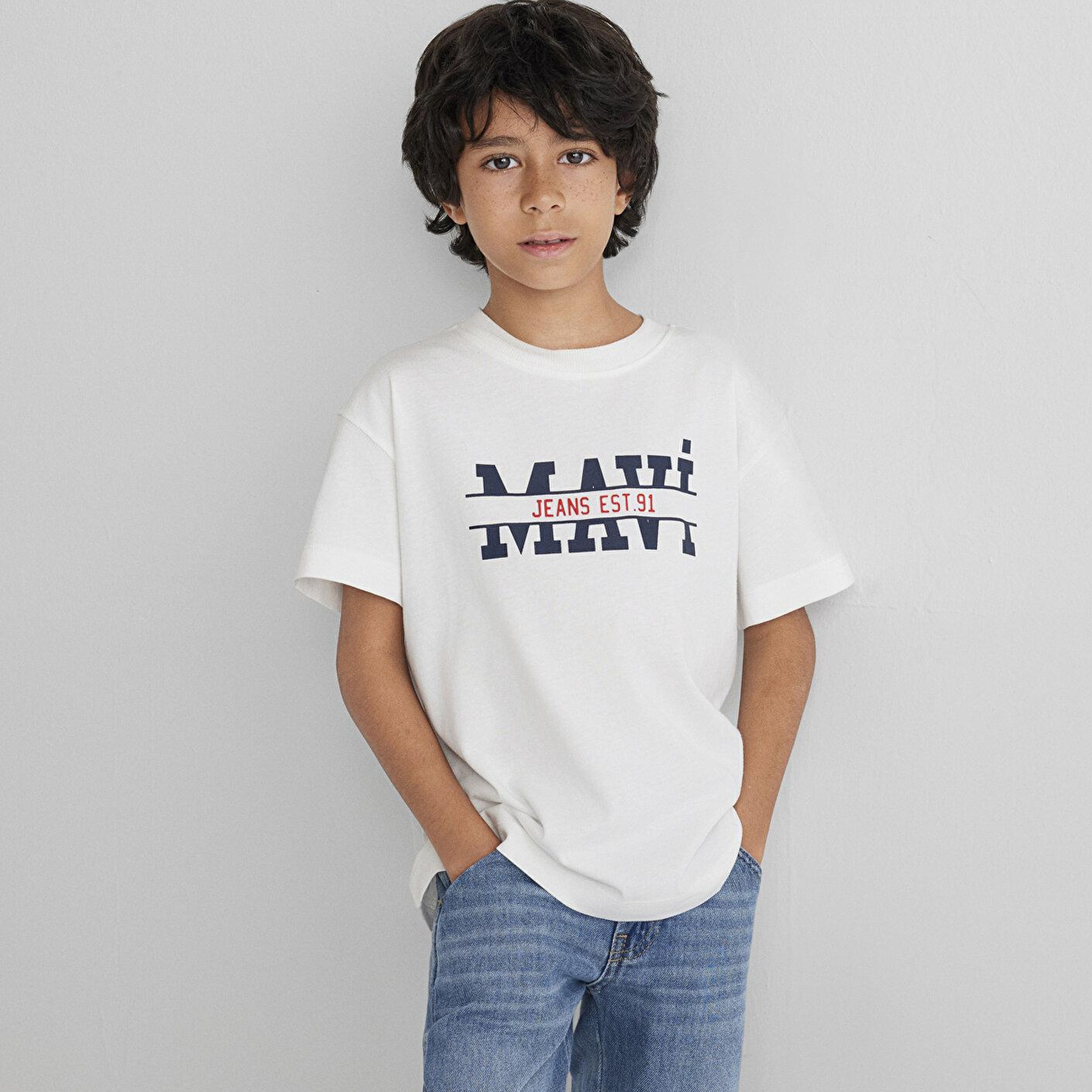 Mavi Mavi Logo Baskılı Ekru Tişört Loose Fit / Bol Rahat Kesim 6610397-70057