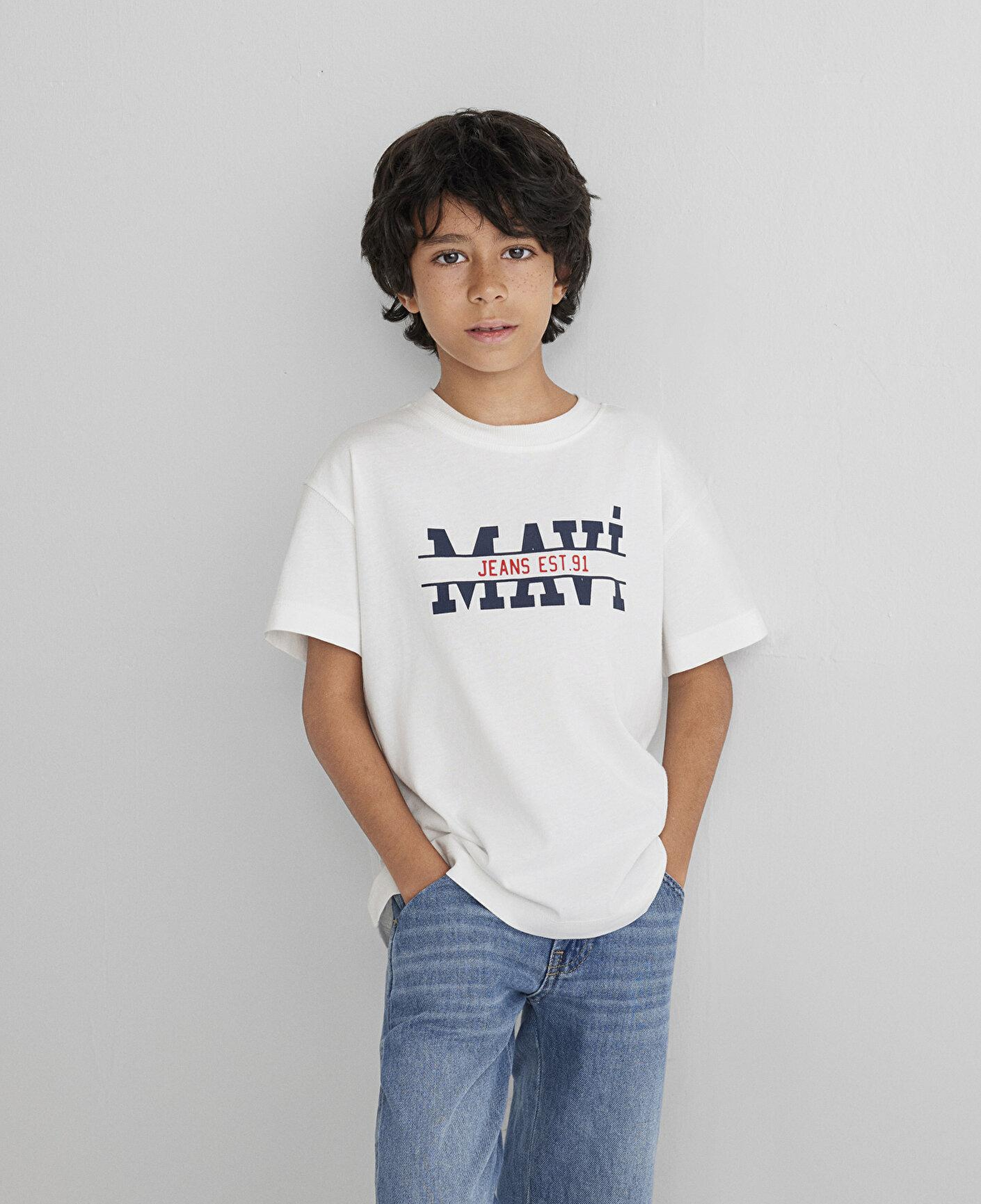 Mavi Mavi Logo Baskılı Ekru Tişört Loose Fit / Bol Rahat Kesim 6610397-70057