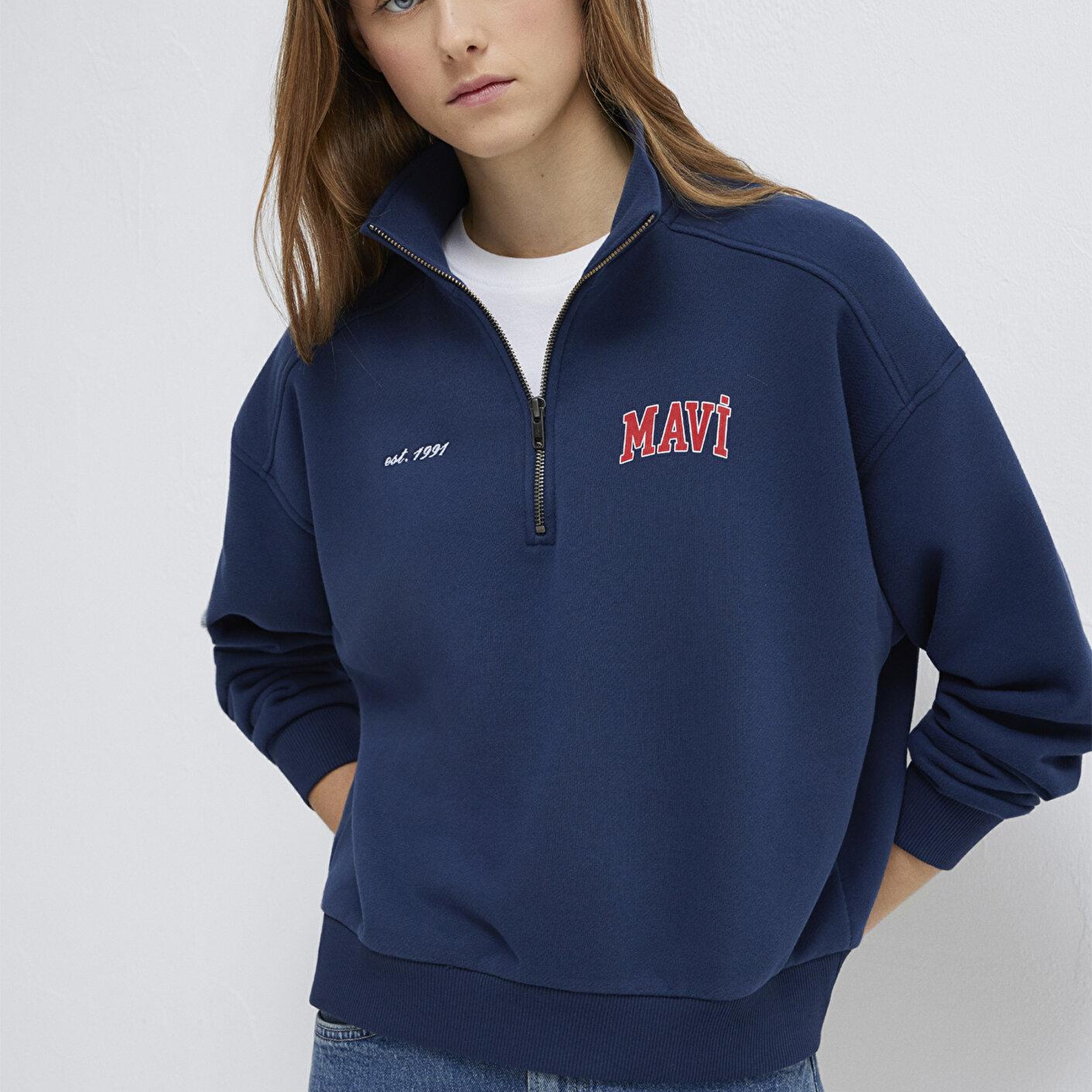 Mavi Mavi Logo Baskılı Yarı Fermuarlı Lacivert Sweatshirt 1S10373-70488