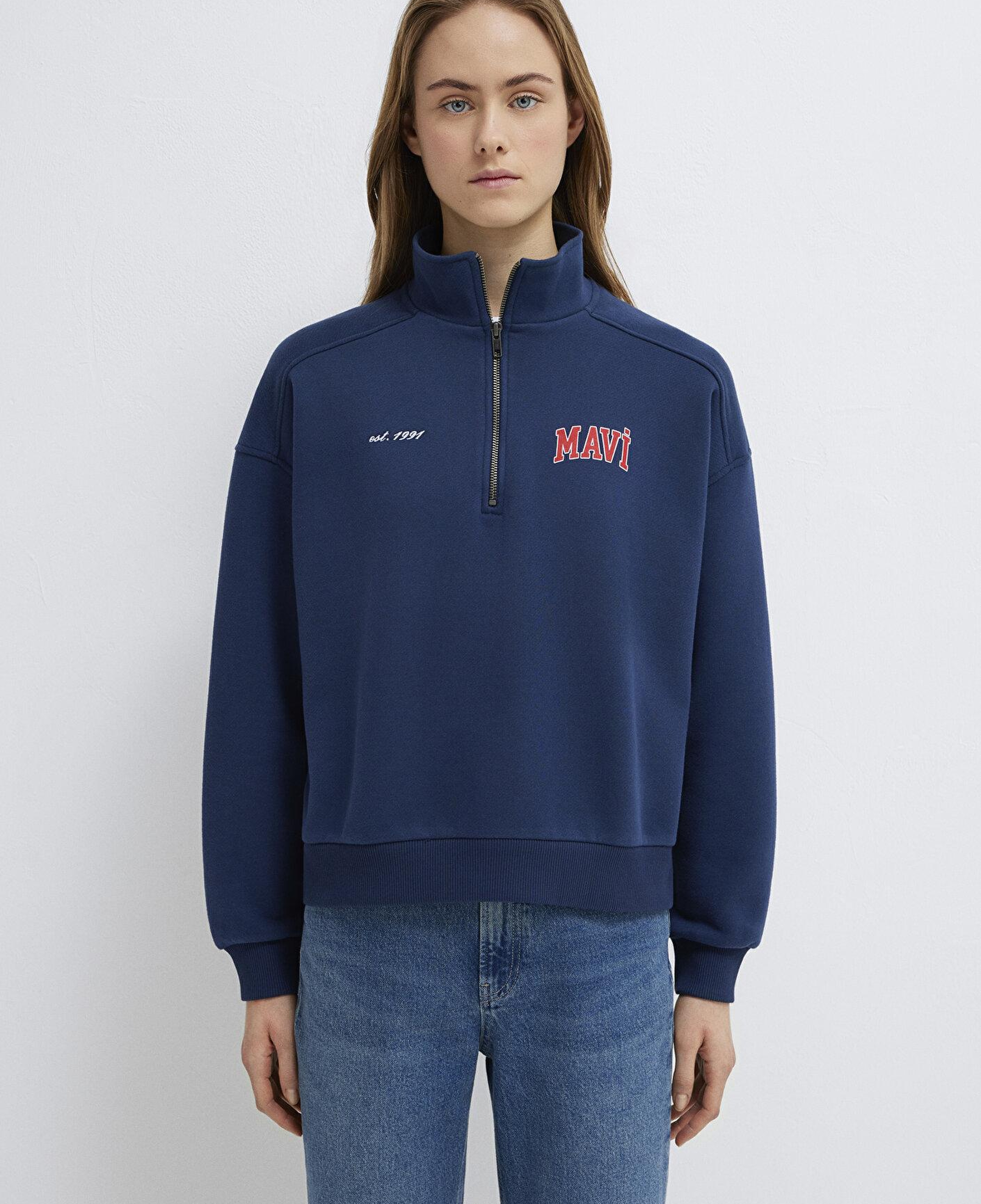 Mavi Mavi Logo Baskılı Yarı Fermuarlı Lacivert Sweatshirt 1S10373-70488