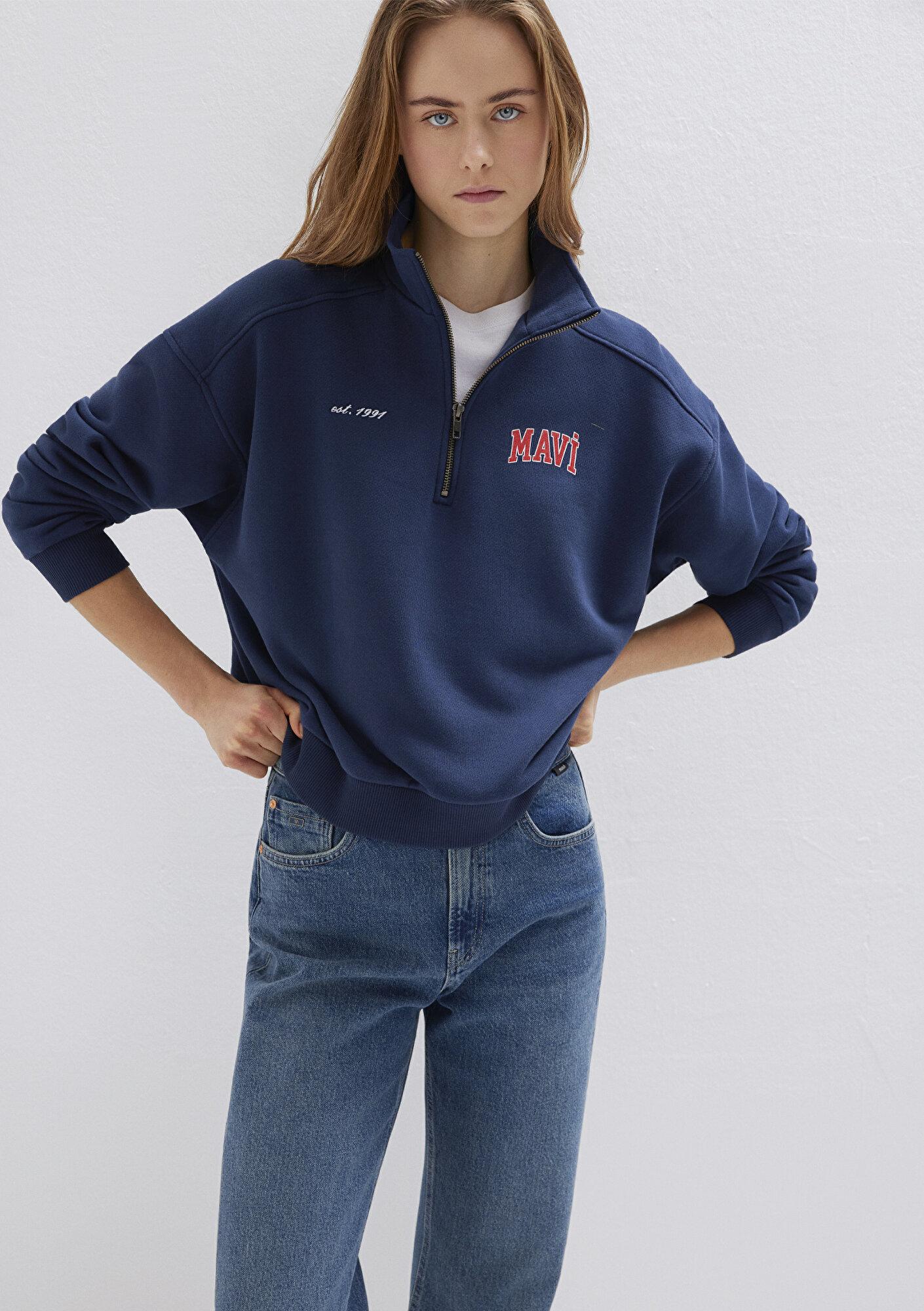 Mavi Mavi Logo Baskılı Yarı Fermuarlı Lacivert Sweatshirt 1S10373-70488