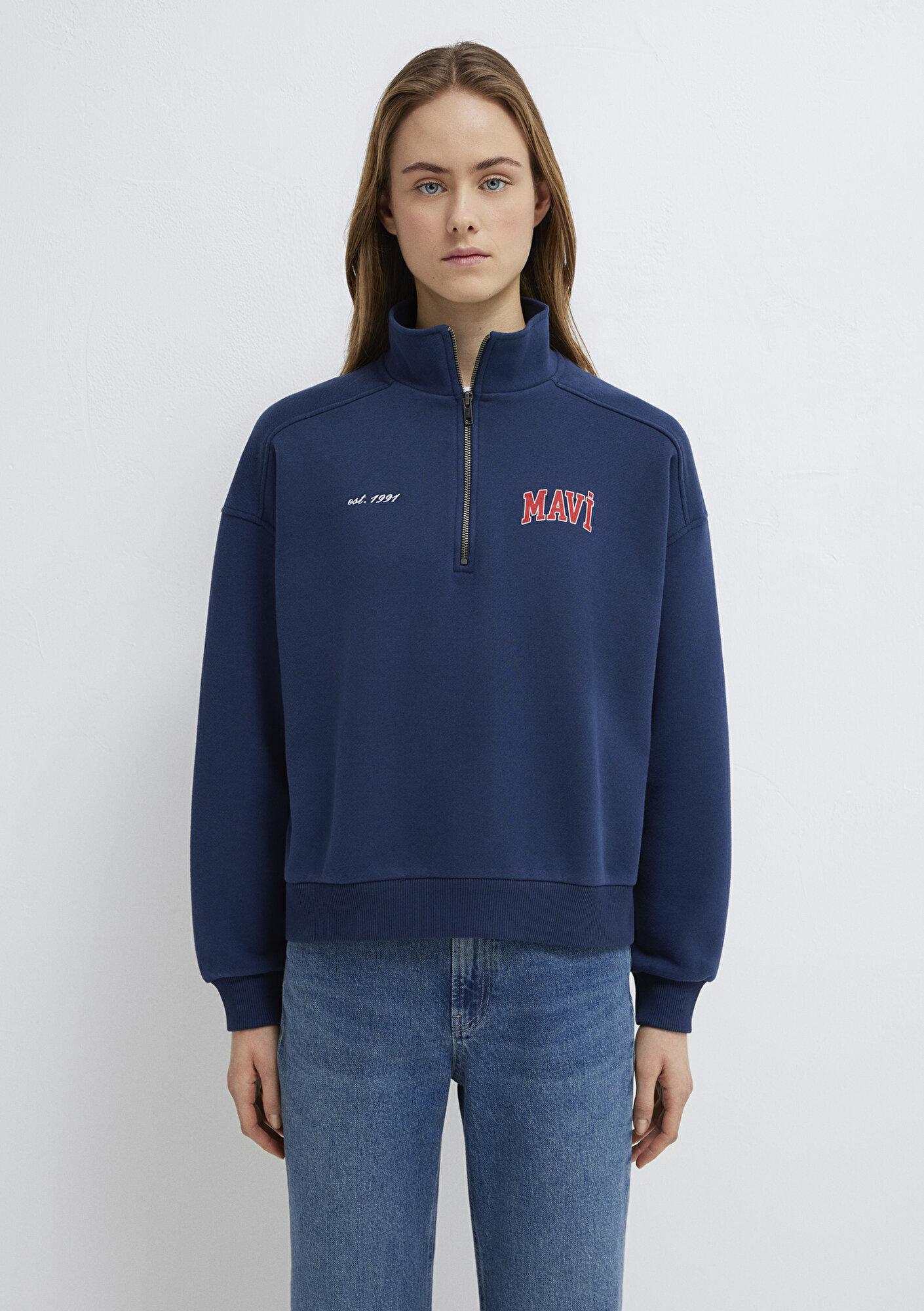 Mavi Mavi Logo Baskılı Yarı Fermuarlı Lacivert Sweatshirt 1S10373-70488