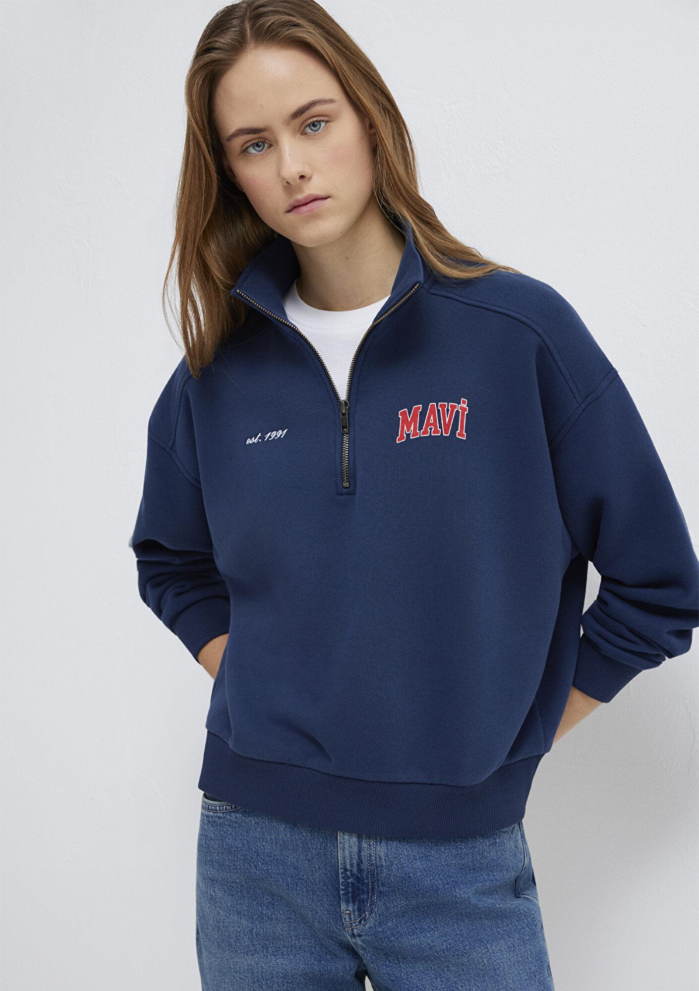 Mavi Mavi Logo Baskılı Yarı Fermuarlı Lacivert Sweatshirt 1S10373-70488