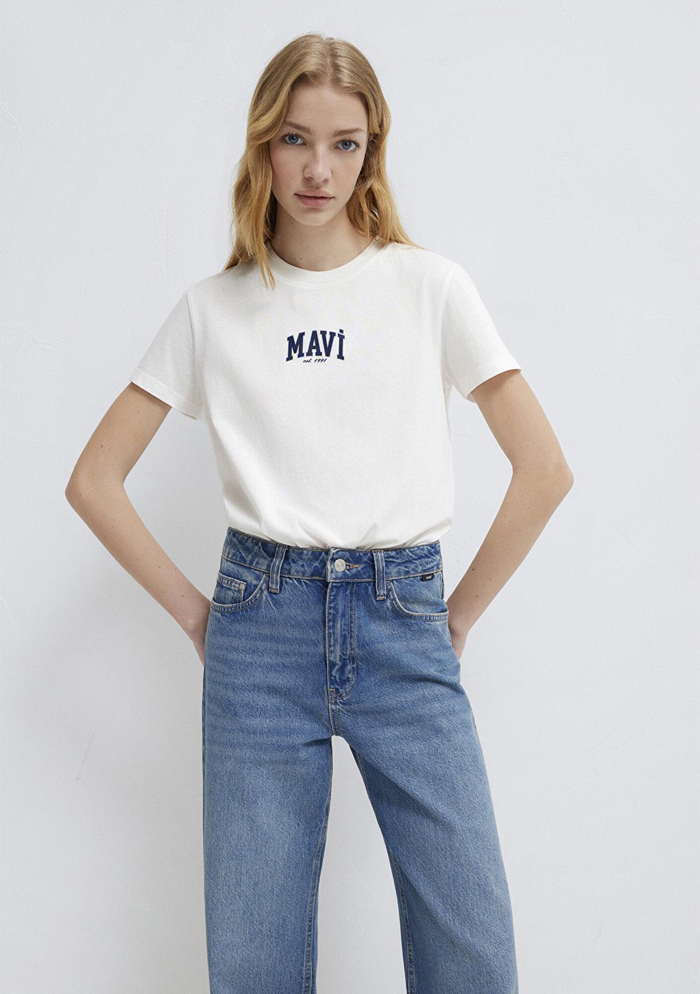 Mavi Mavi Logo Baskılı Ekru Tişört Regular Fit / Normal Kesim 1613412-70057