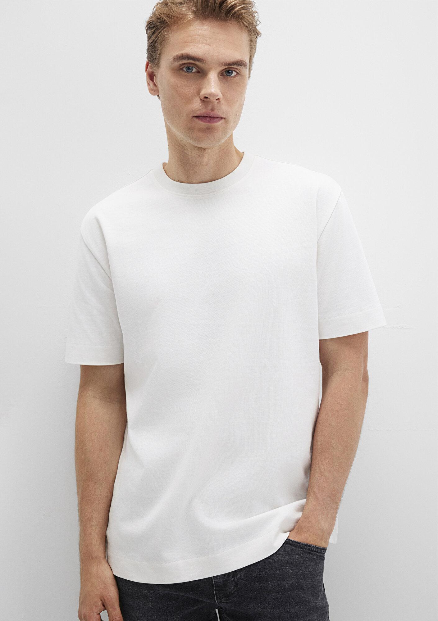 Mavi Bisiklet Yaka Ekru Basic Tişört Loose Fit / Bol Rahat Kesim 0612864-70057