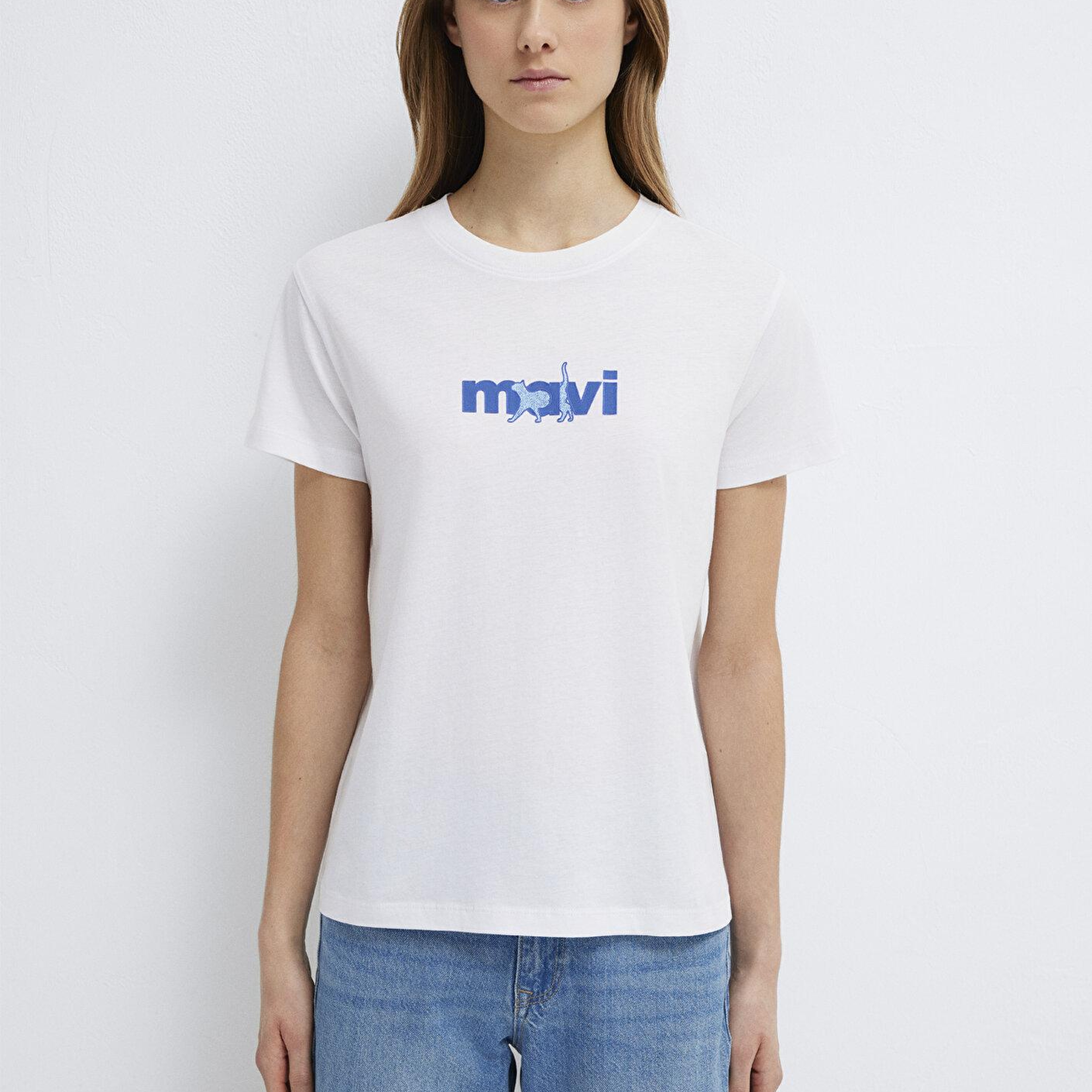 Mavi Mavi Kedi Baskılı Beyaz Tişört Semi Slim Fit / Yarı Dar Kesim 1613287-620