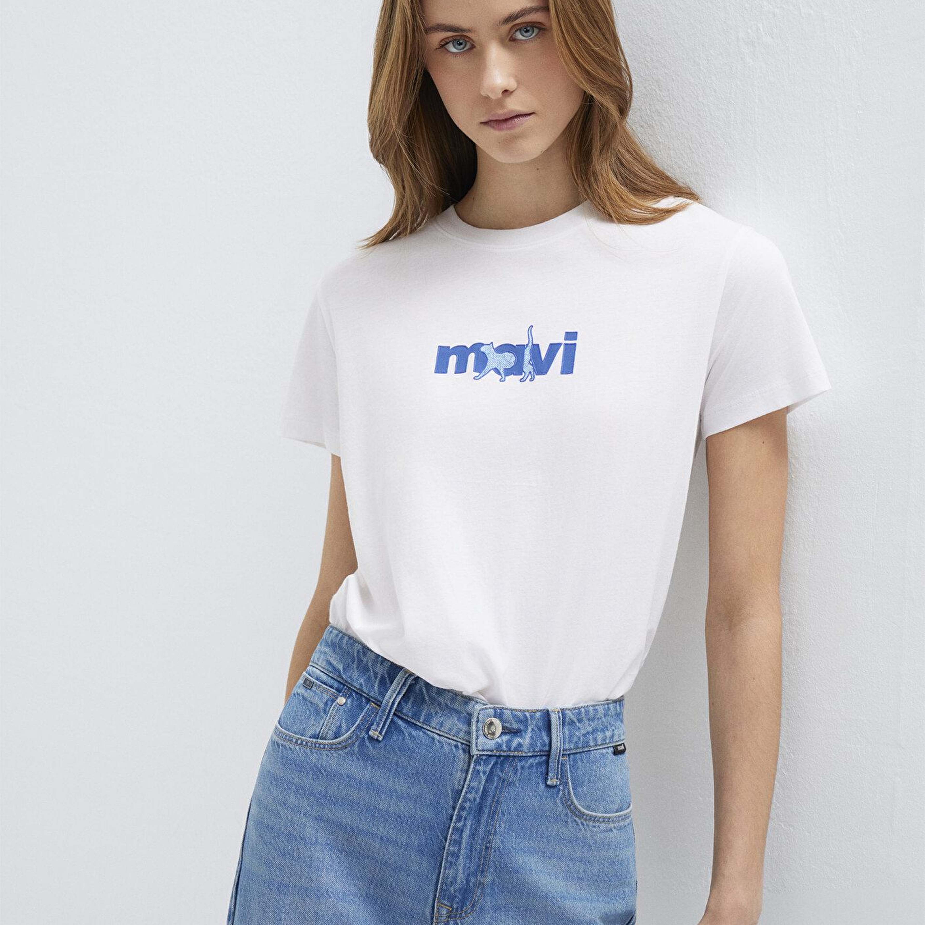 Mavi Mavi Kedi Baskılı Beyaz Tişört Semi Slim Fit / Yarı Dar Kesim 1613287-620