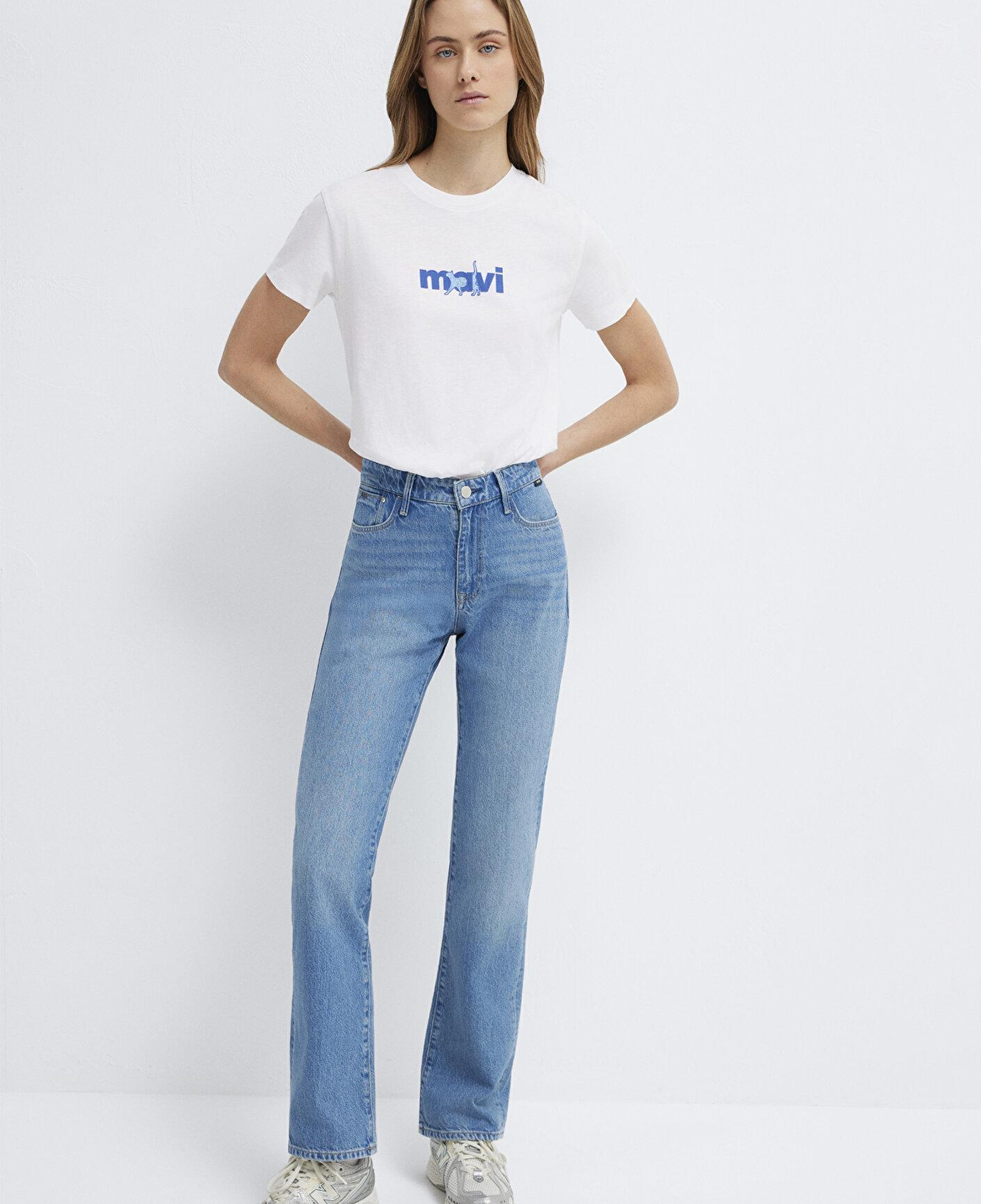 Mavi Mavi Kedi Baskılı Beyaz Tişört Semi Slim Fit / Yarı Dar Kesim 1613287-620