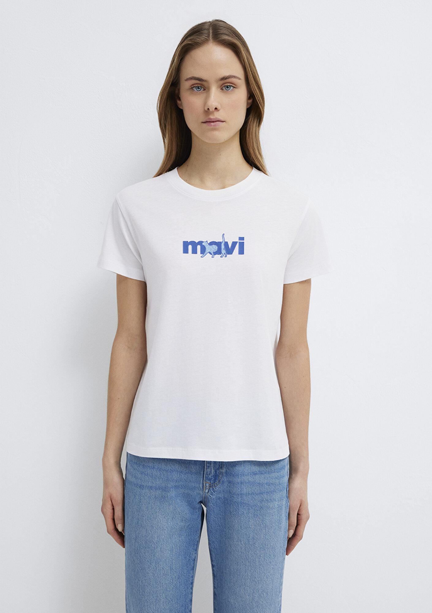 Mavi Mavi Kedi Baskılı Beyaz Tişört Semi Slim Fit / Yarı Dar Kesim 1613287-620