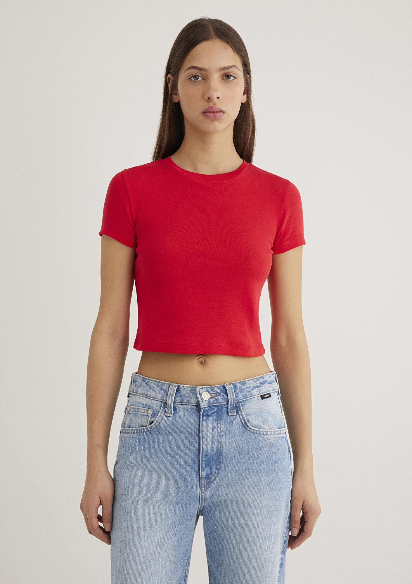 Mavi Kırmızı Basic Crop Tişört Crop / Kısa Kesim 1600814-70467