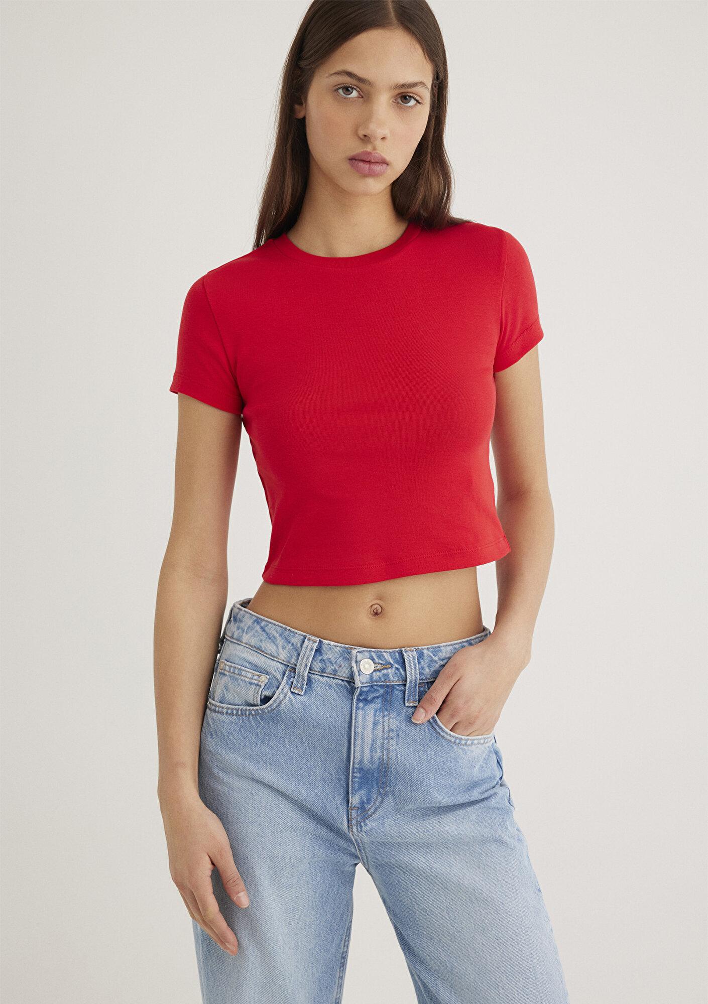 Mavi Kırmızı Basic Crop Tişört Crop / Kısa Kesim 1600814-70467