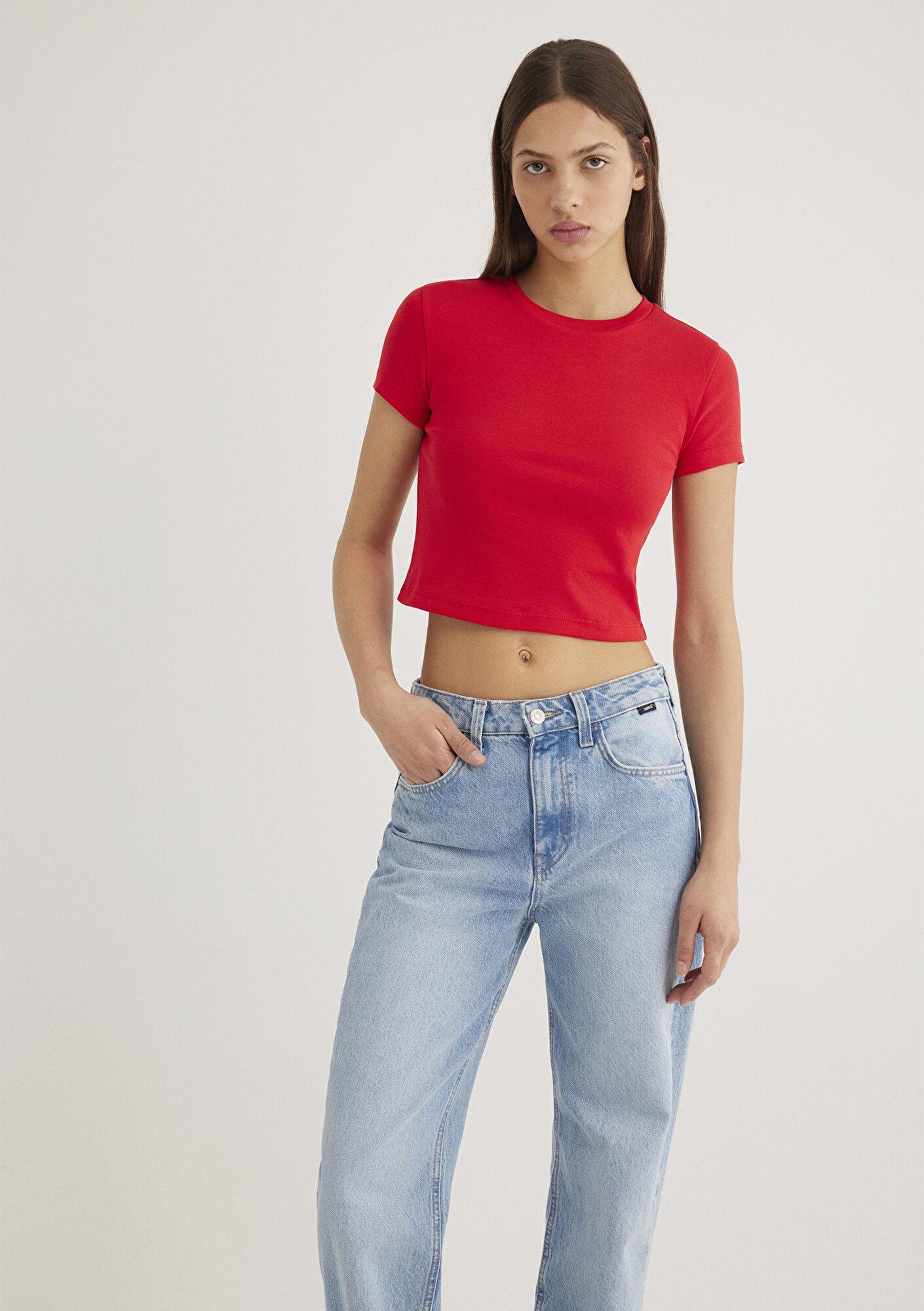 Mavi Kırmızı Basic Crop Tişört Crop / Kısa Kesim 1600814-70467