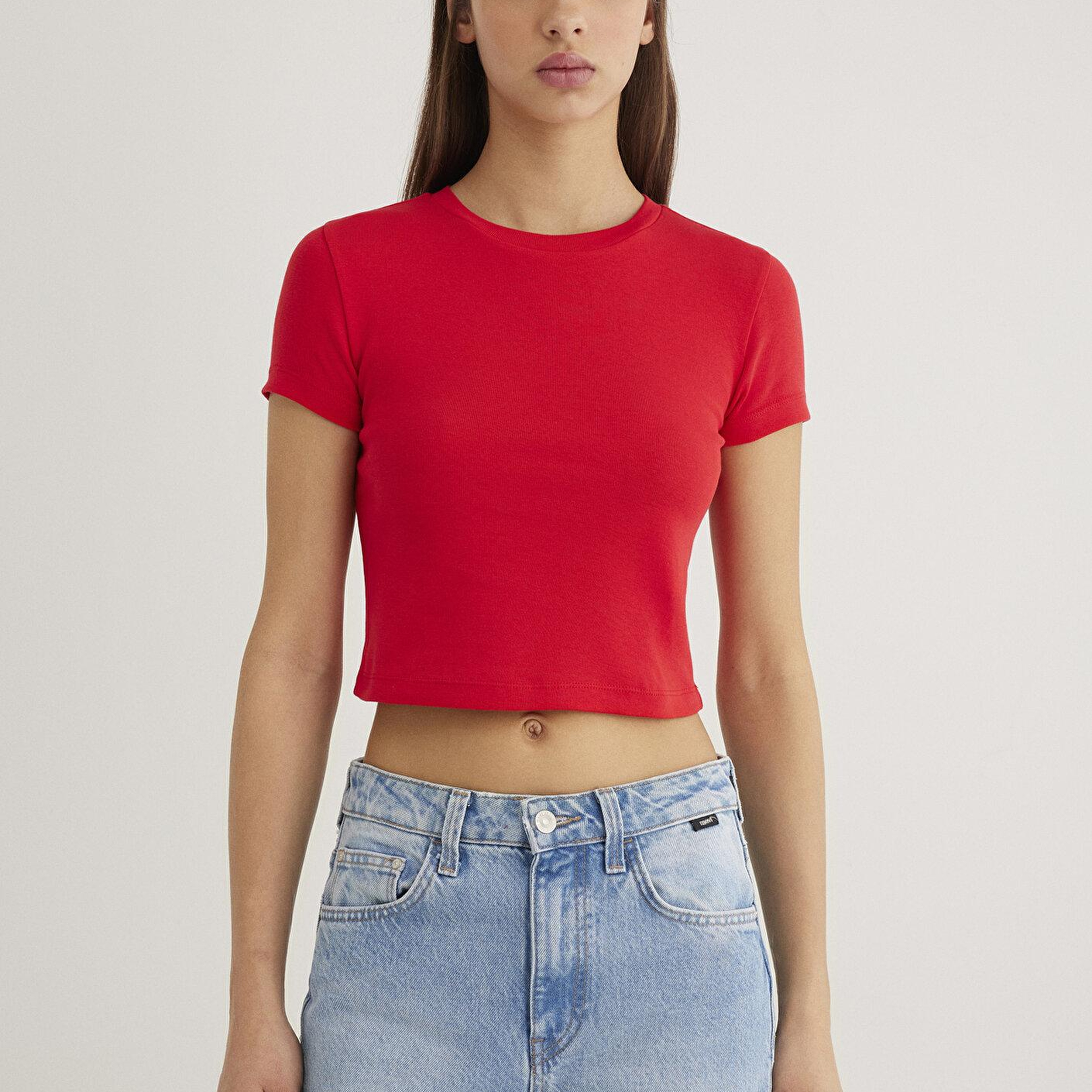 Mavi Kırmızı Basic Crop Tişört Crop / Kısa Kesim 1600814-70467