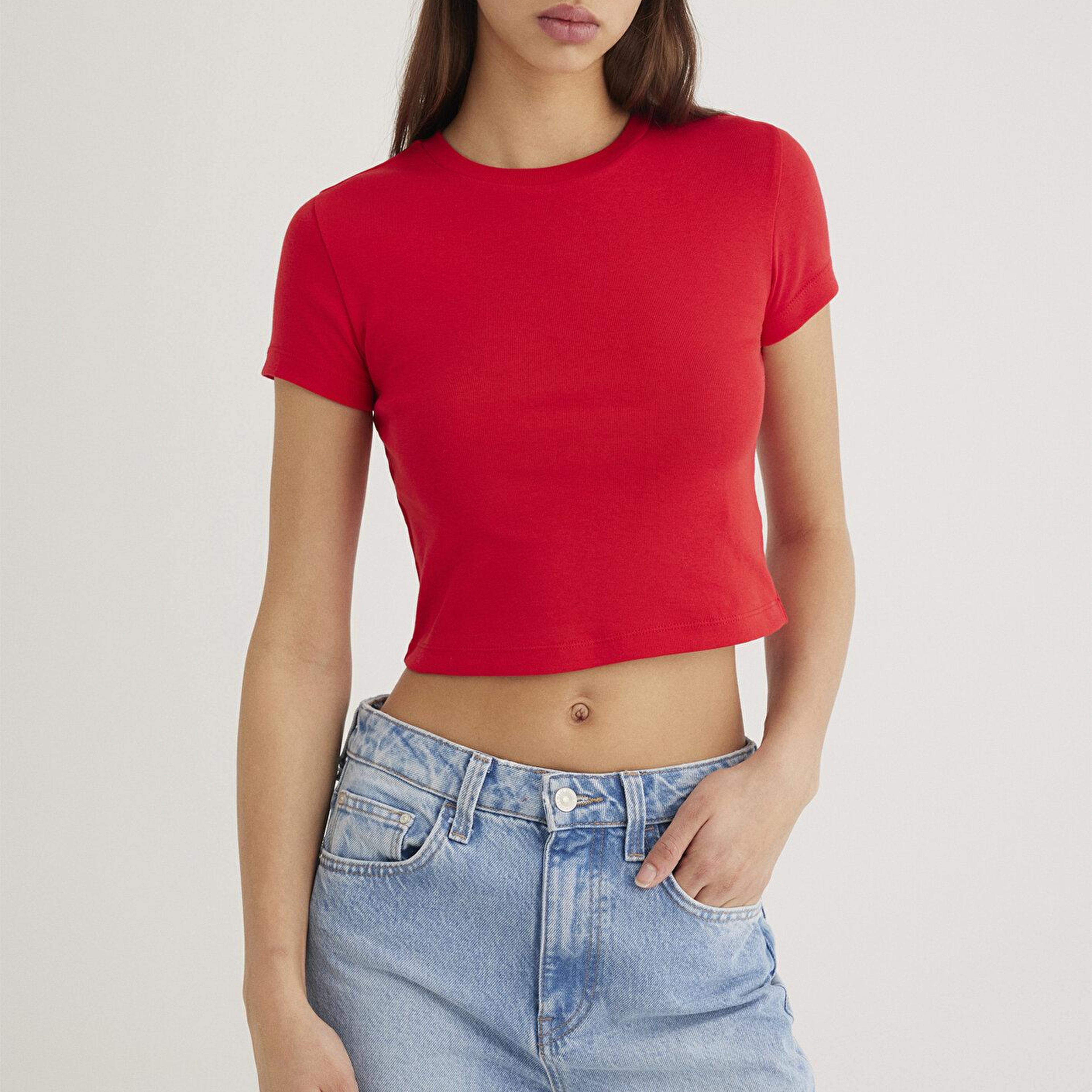 Mavi Kırmızı Basic Crop Tişört Crop / Kısa Kesim 1600814-70467