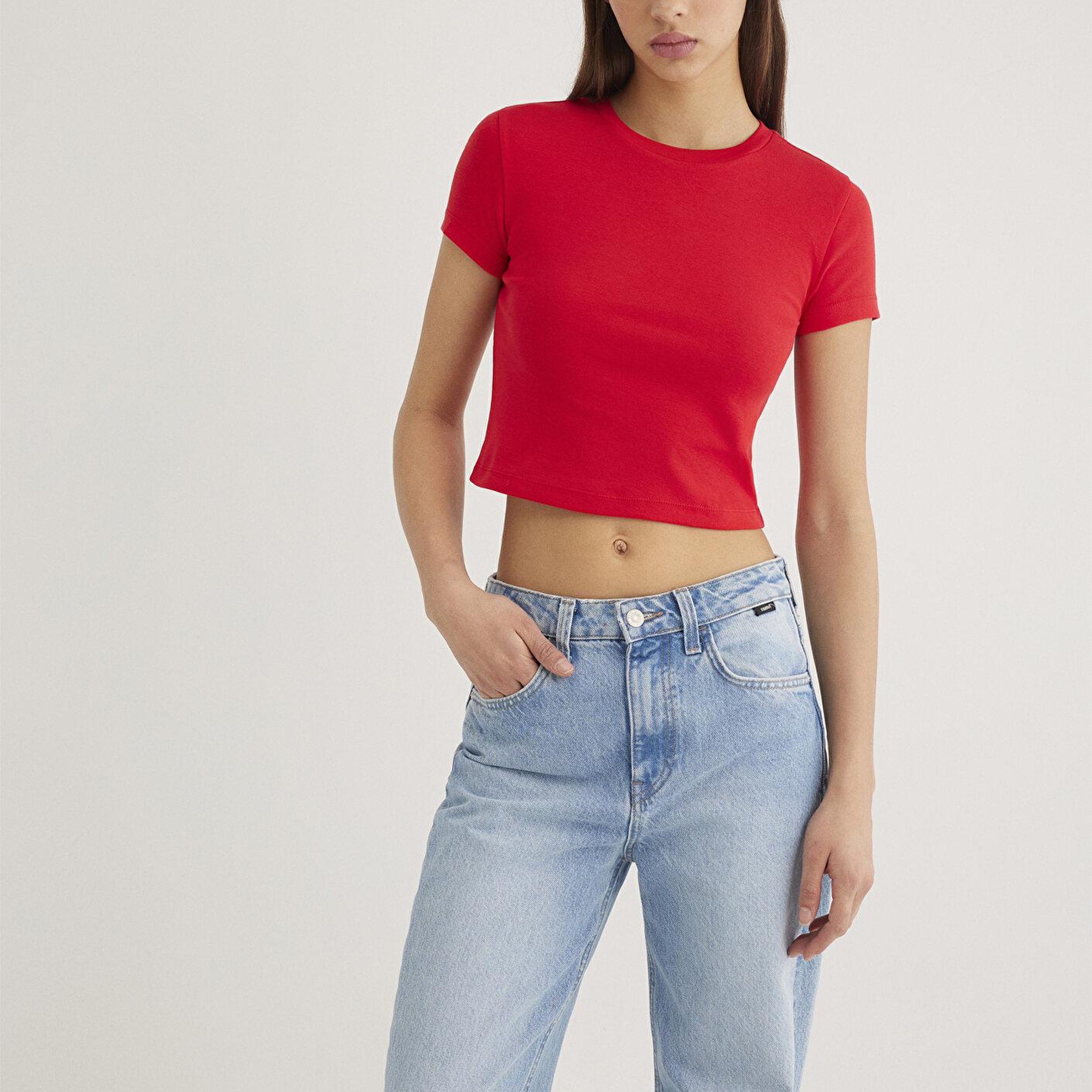 Mavi Kırmızı Basic Crop Tişört Crop / Kısa Kesim 1600814-70467