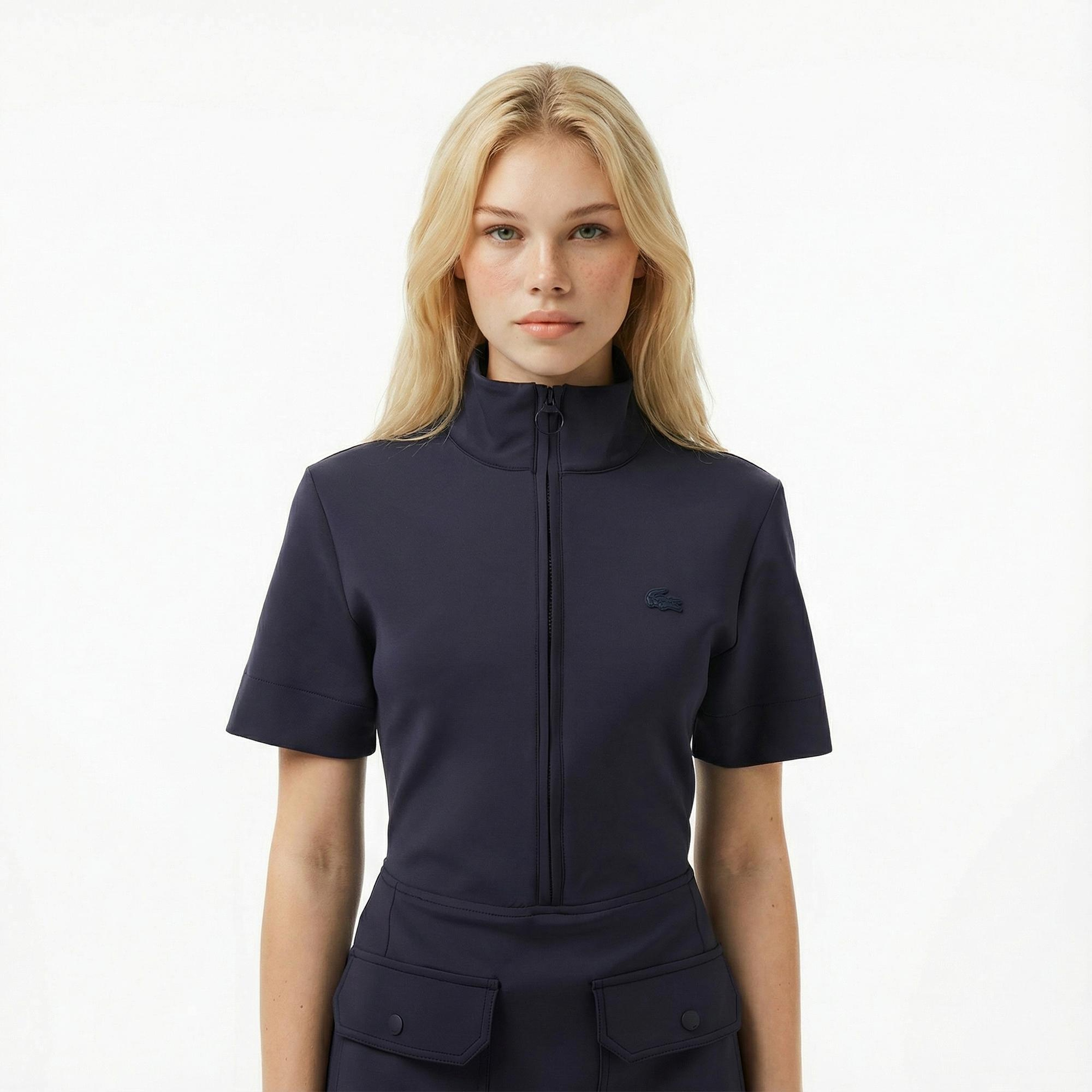 Lacoste Kadın Classic Fit Kısa Kollu Dik Yaka Koyu Mavi Elbise