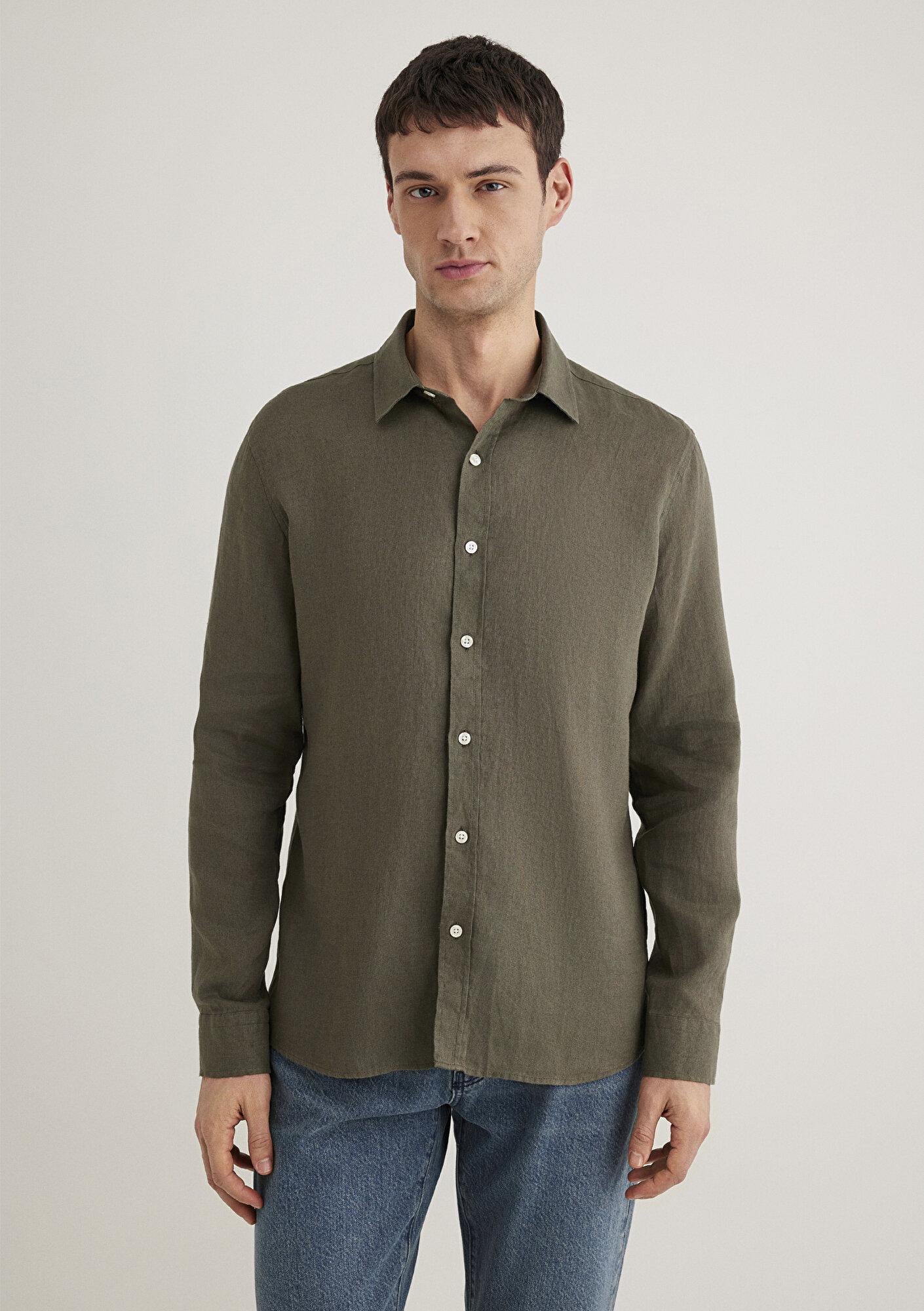 Mavi Haki Keten Gömlek Slim Fit / Dar Kesim 0211466-71546