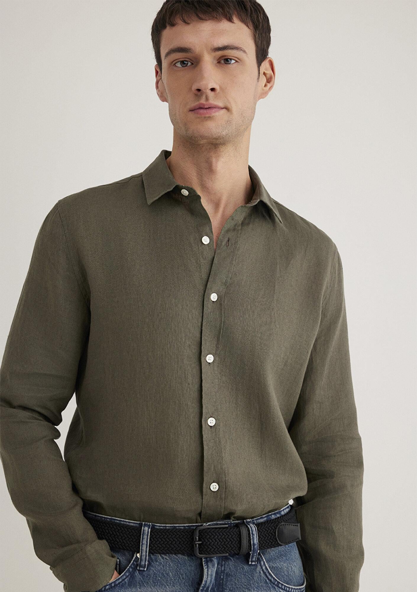 Mavi Haki Keten Gömlek Slim Fit / Dar Kesim 0211466-71546