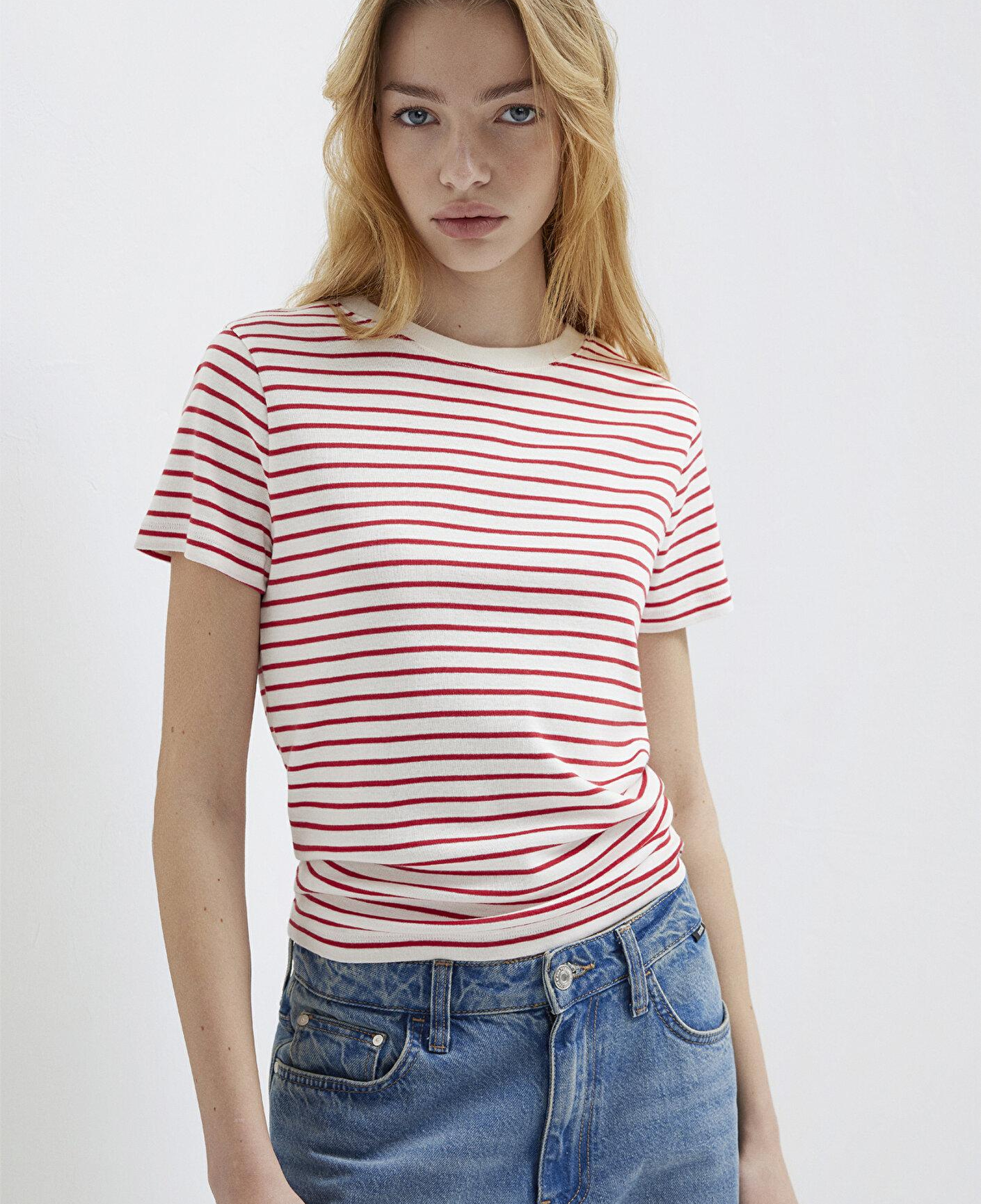 Mavi Bisiklet Yaka Çizgili Kırmızı Tişört Slim Fit / Dar Kesim 1612881-86680