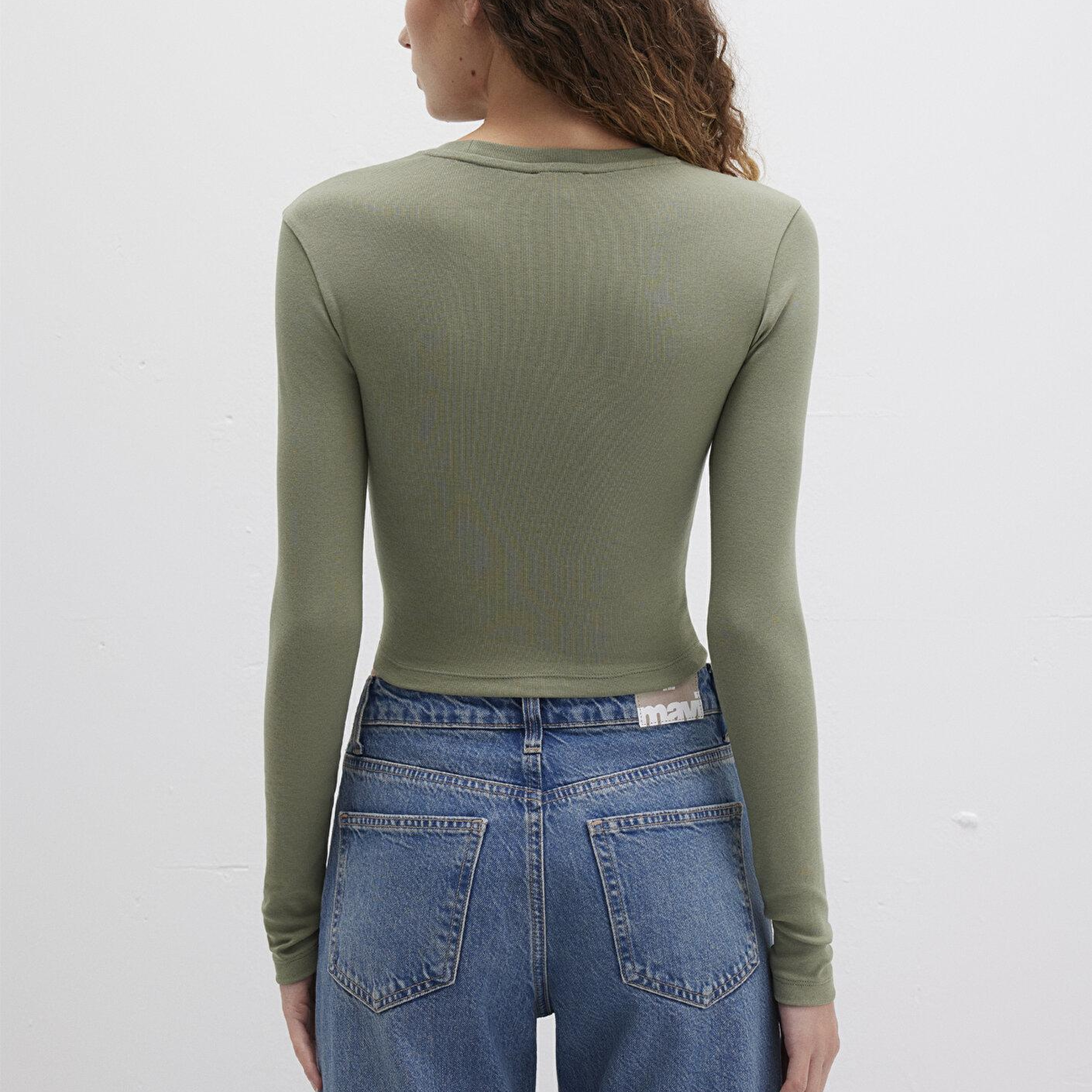 Mavi Uzun Kollu Haki Crop Basic Tişört Crop / Kısa Kesim 1612822-71818