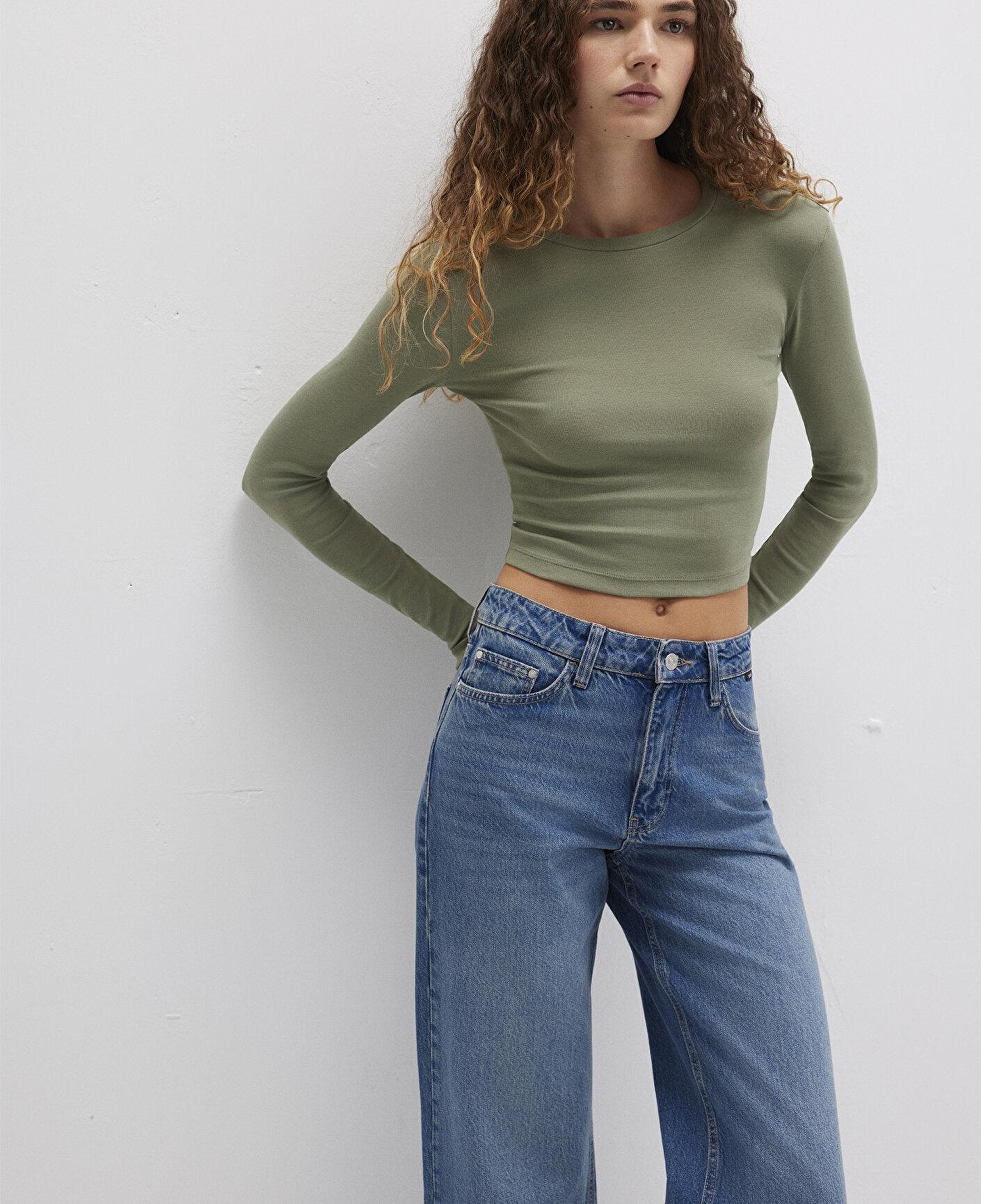 Mavi Uzun Kollu Haki Crop Basic Tişört Crop / Kısa Kesim 1612822-71818