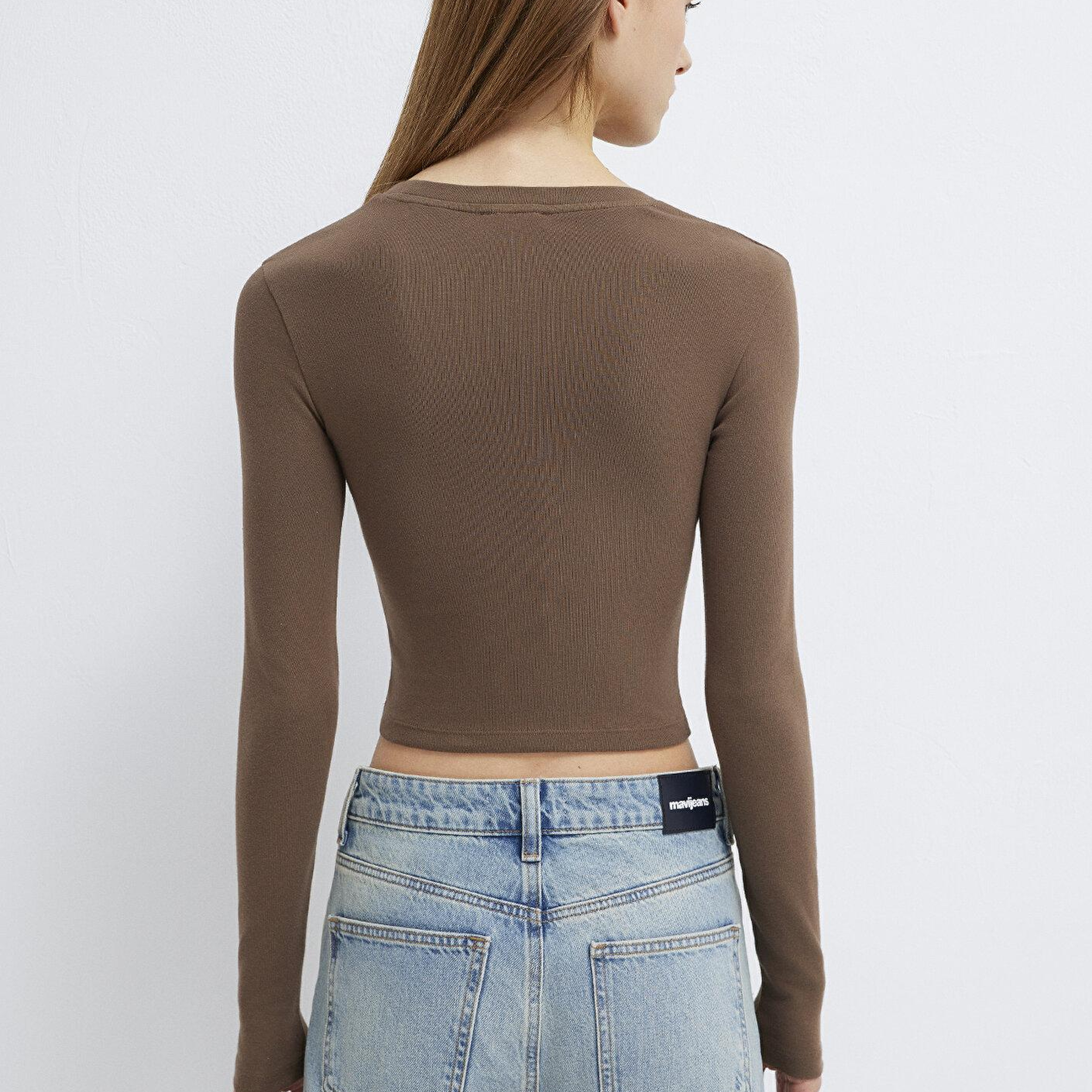 Mavi Uzun Kollu Kahverengi Crop Basic Tişört Crop / Kısa Kesim 1612822-81959