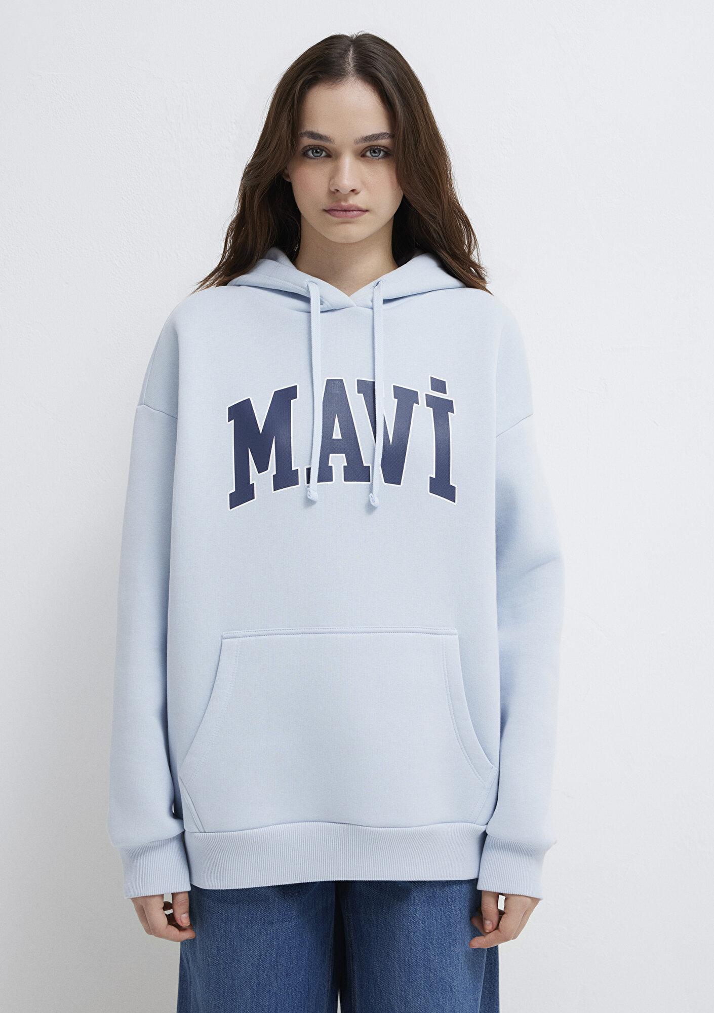 Mavi Mavi Logo Baskılı Kapüşonlu Mavi Sweatshirt 1600361-70717