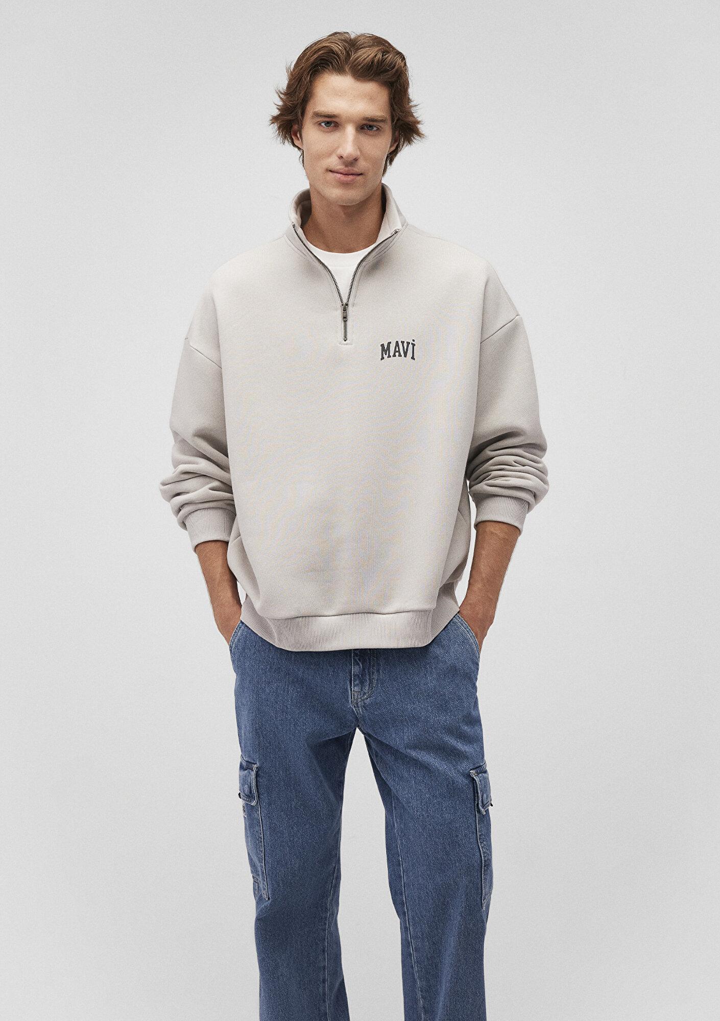 Mavi Mavi Logo Baskılı Yarı Fermuarlı Gri Sweatshirt 0S10208-70074
