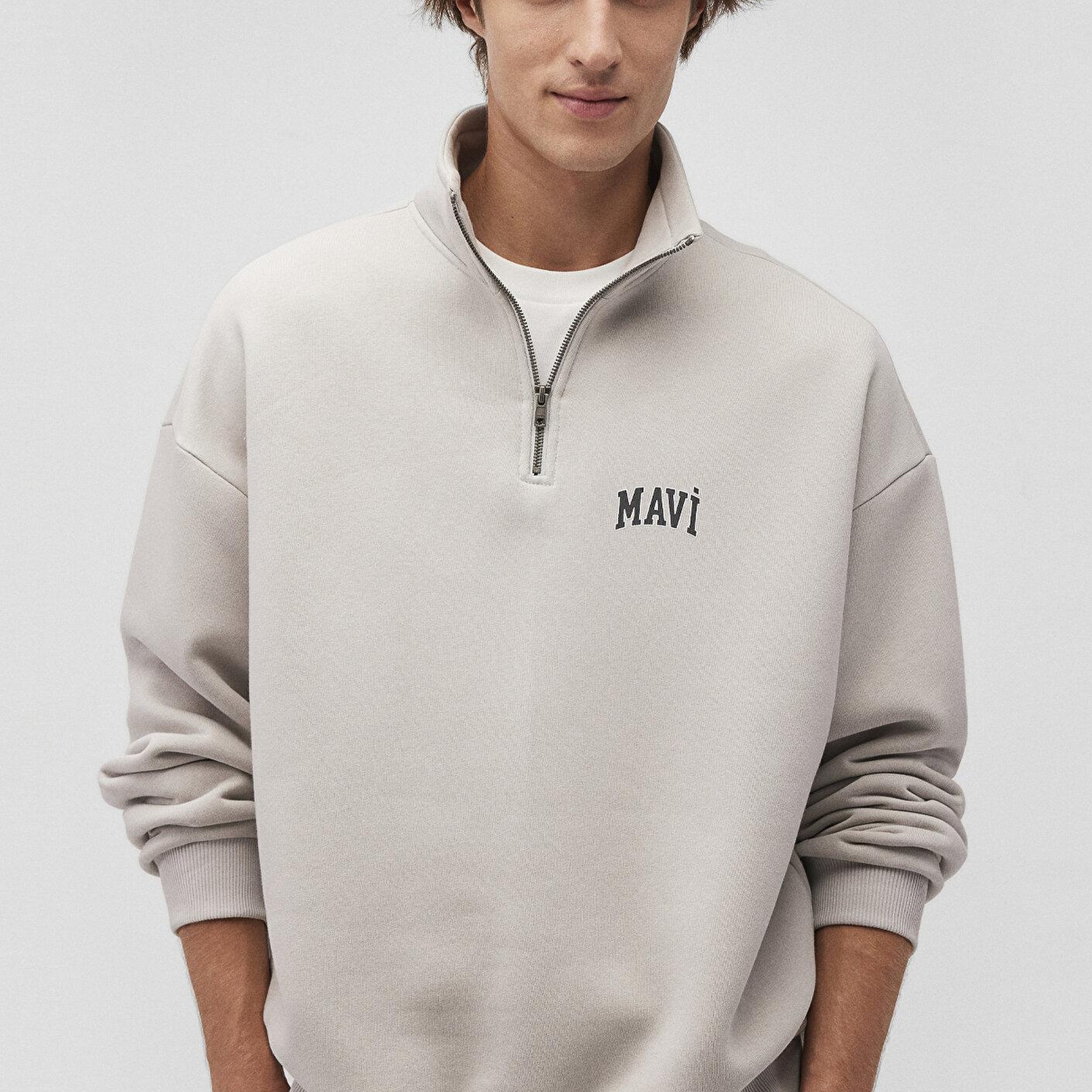 Mavi Mavi Logo Baskılı Yarı Fermuarlı Bej Sweatshirt 0S10208-70074