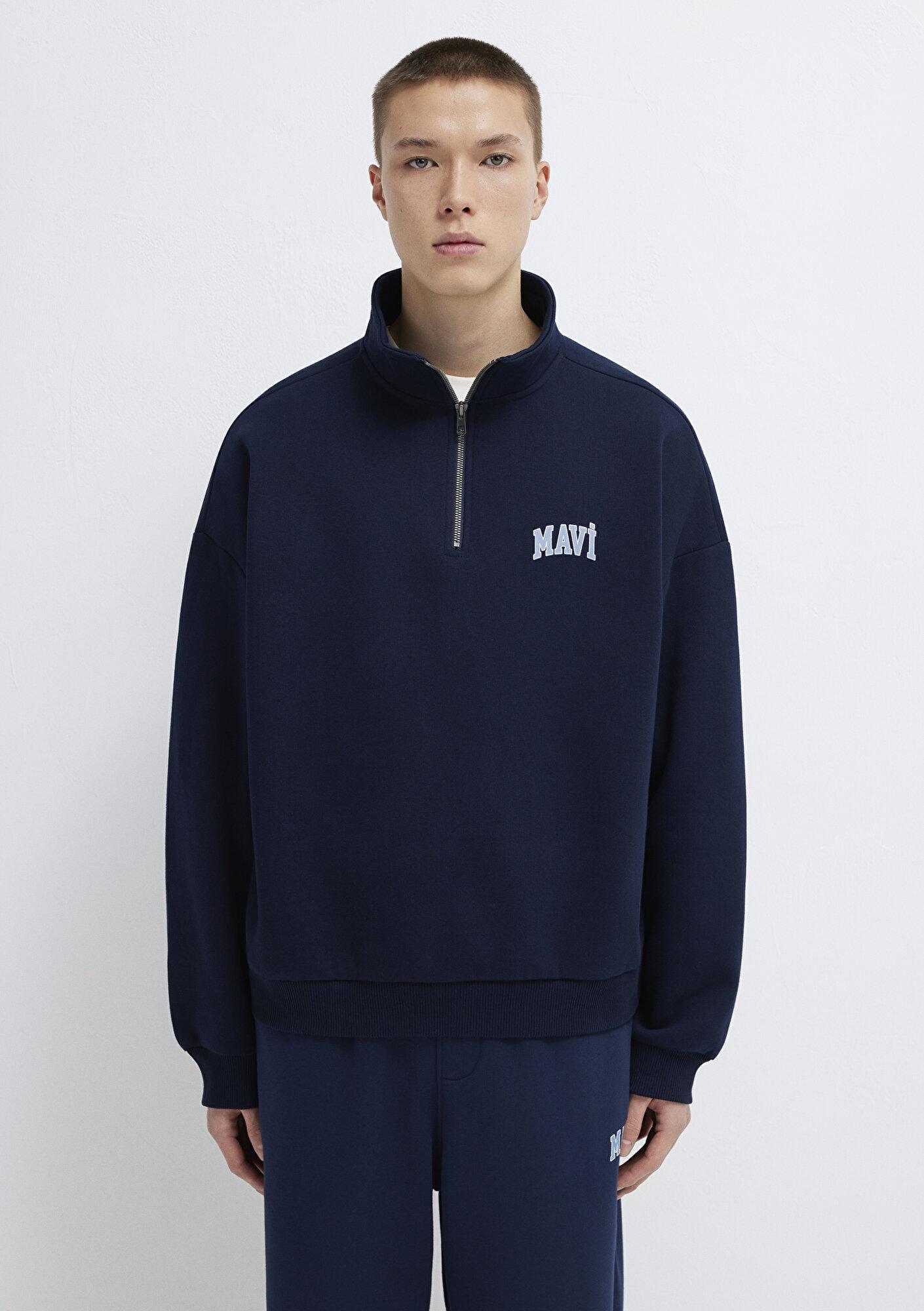 Mavi Mavi Logo Baskılı Yarı Fermuarlı Lacivert Sweatshirt 0S10208-70497