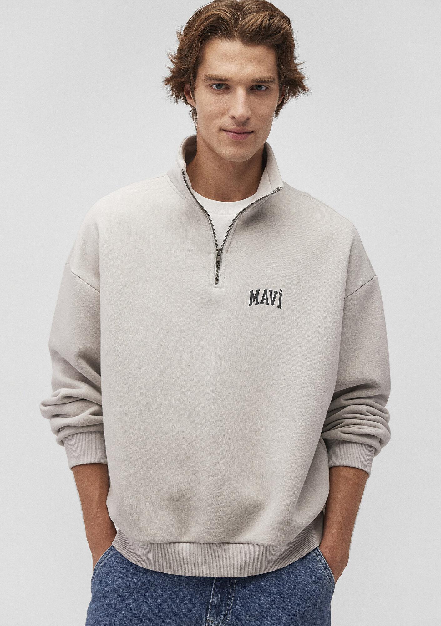 Mavi Mavi Logo Baskılı Yarı Fermuarlı Bej Sweatshirt 0S10208-70074