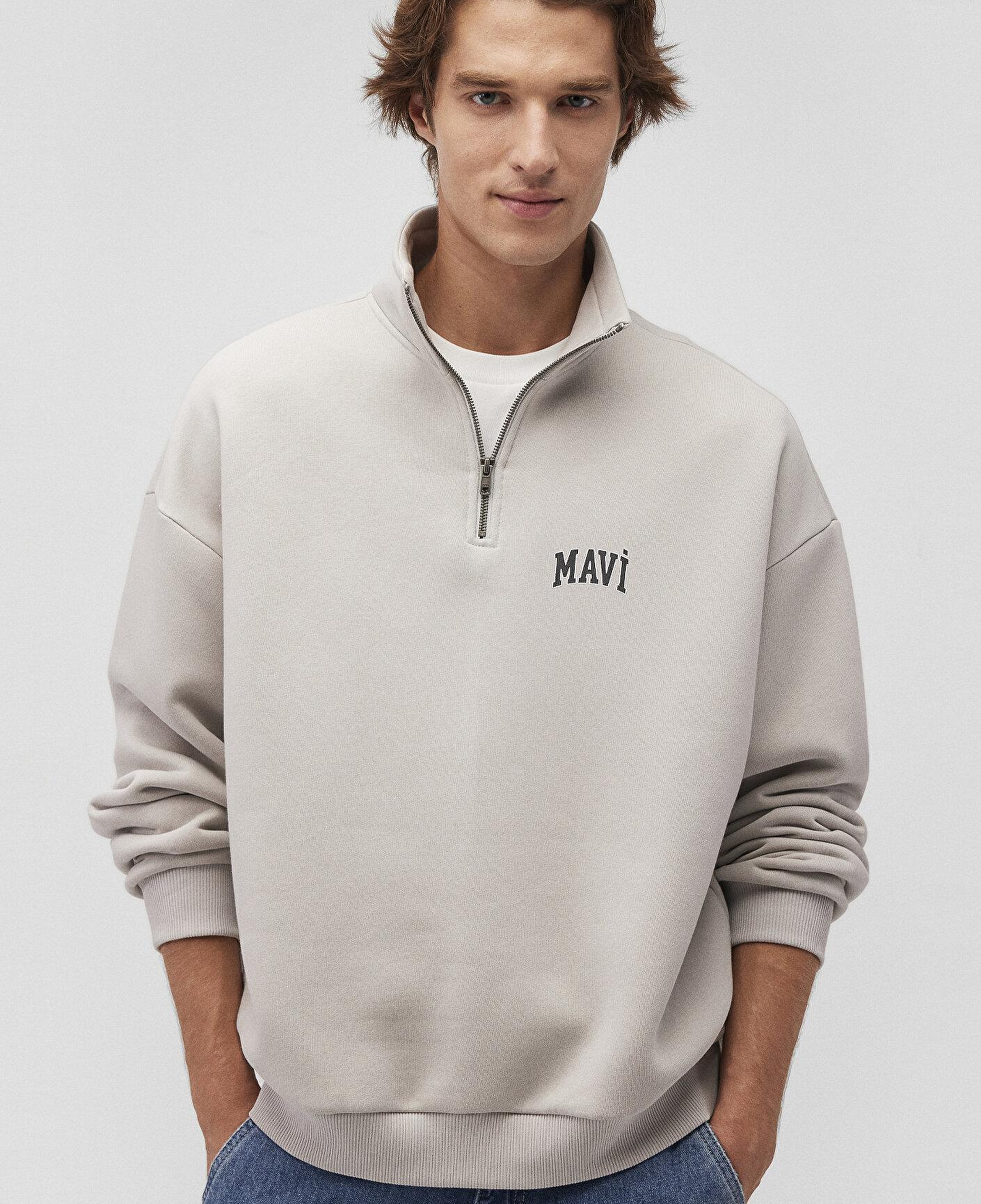Mavi Mavi Logo Baskılı Yarı Fermuarlı Bej Sweatshirt 0S10208-70074