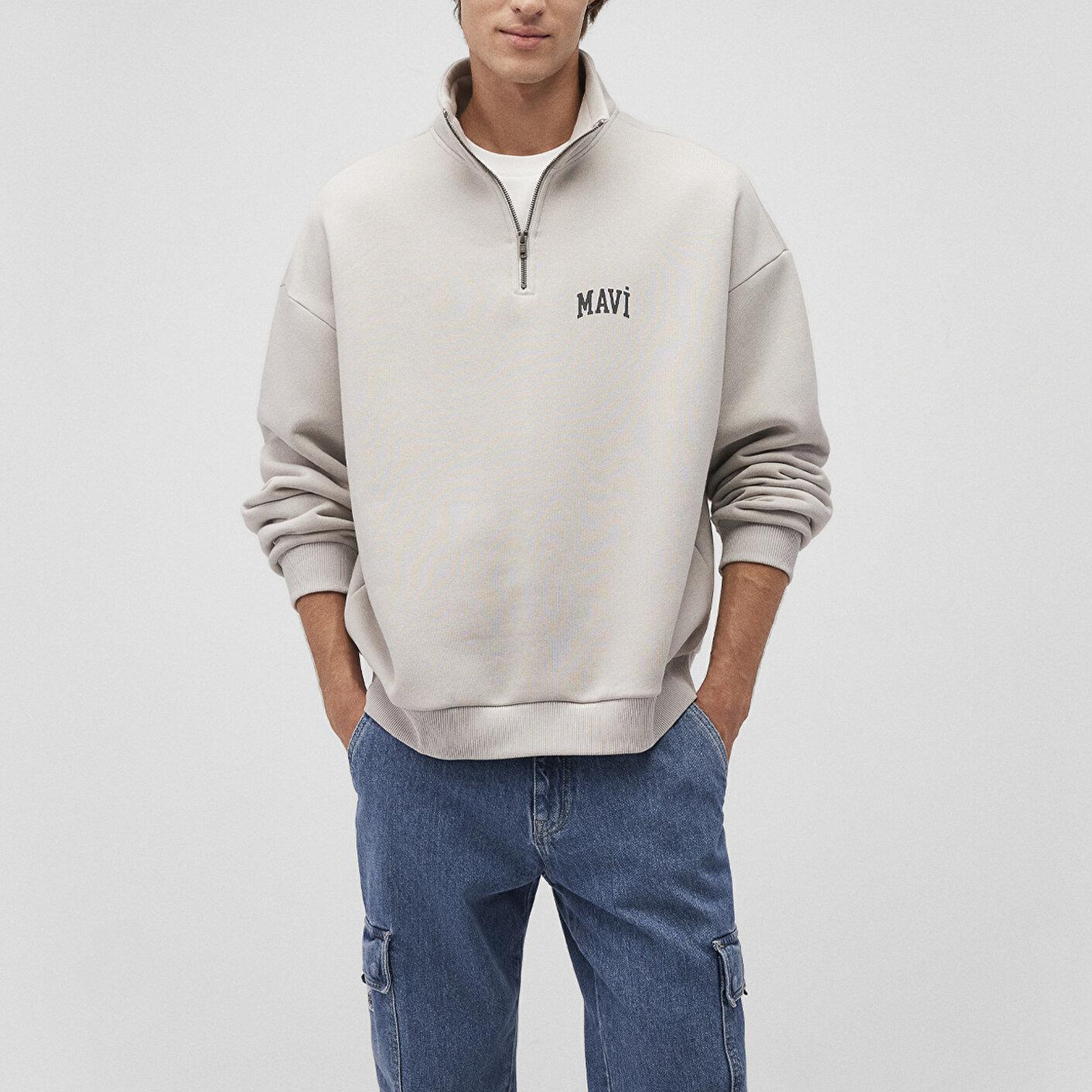 Mavi Mavi Logo Baskılı Yarı Fermuarlı Bej Sweatshirt 0S10208-70074