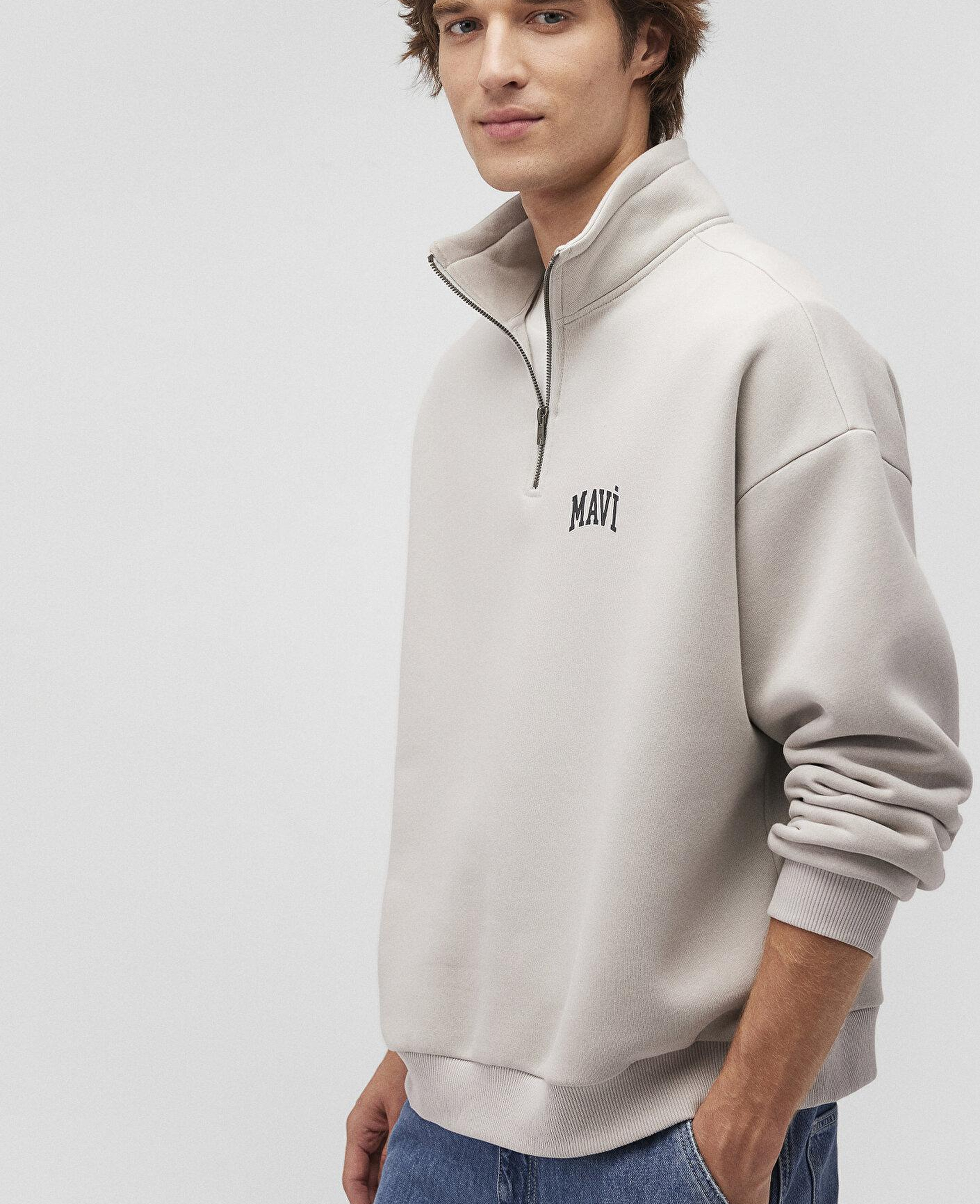 Mavi Mavi Logo Baskılı Yarı Fermuarlı Bej Sweatshirt 0S10208-70074