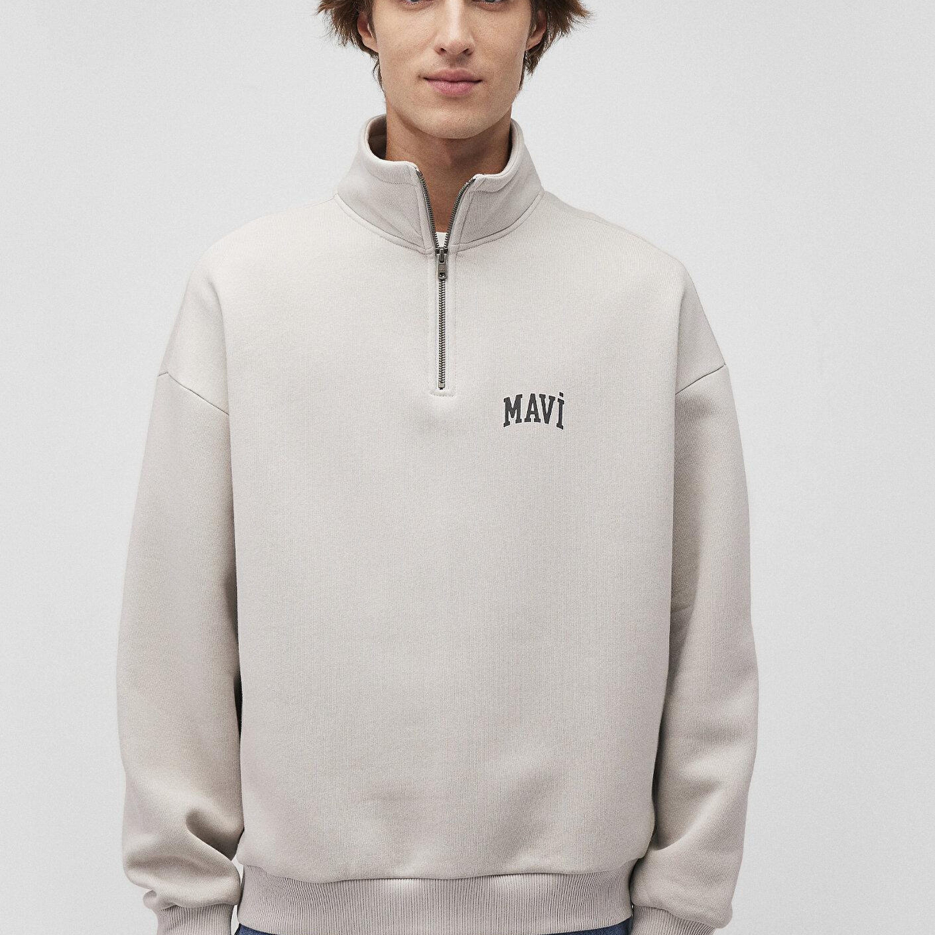 Mavi Mavi Logo Baskılı Yarı Fermuarlı Bej Sweatshirt 0S10208-70074