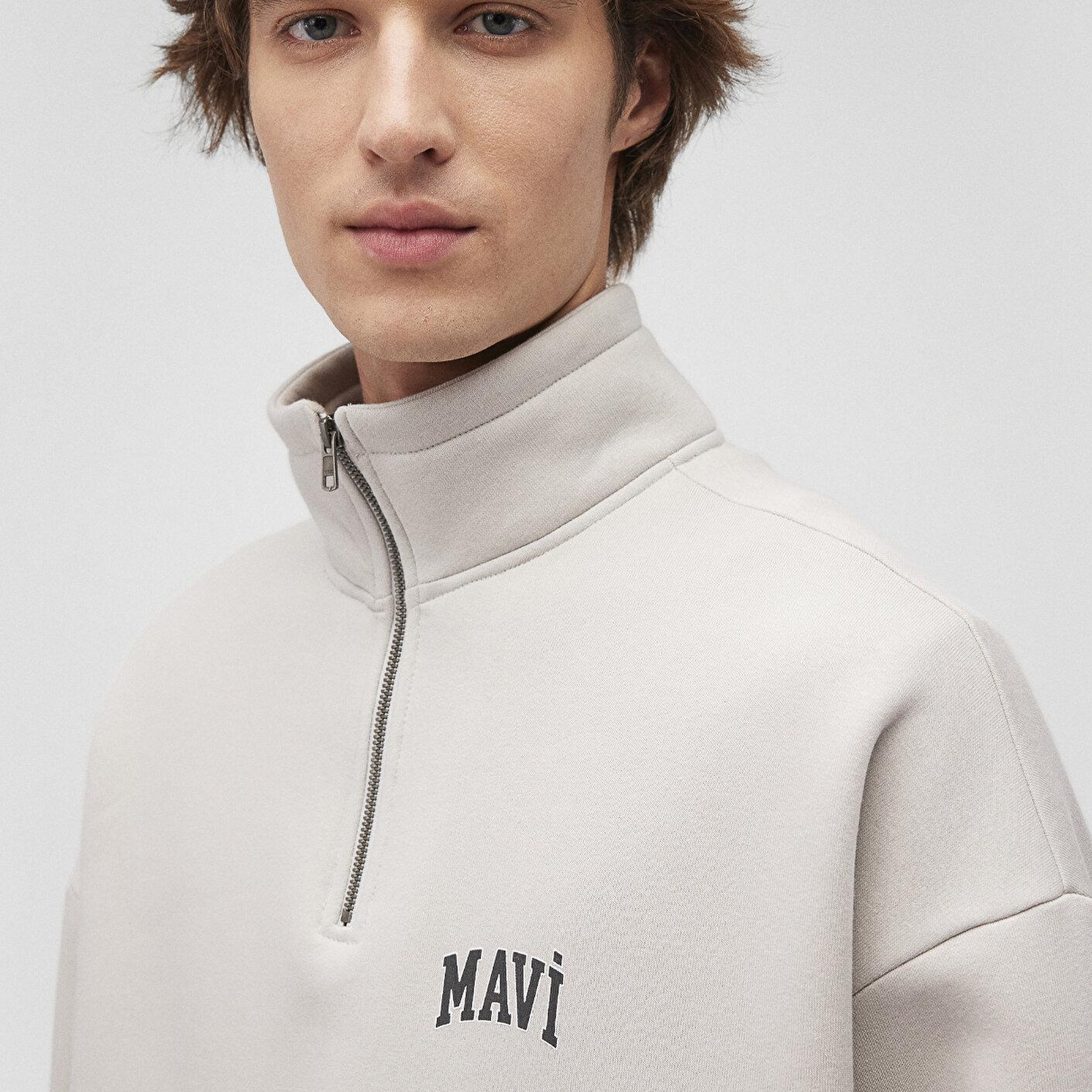 Mavi Mavi Logo Baskılı Yarı Fermuarlı Bej Sweatshirt 0S10208-70074