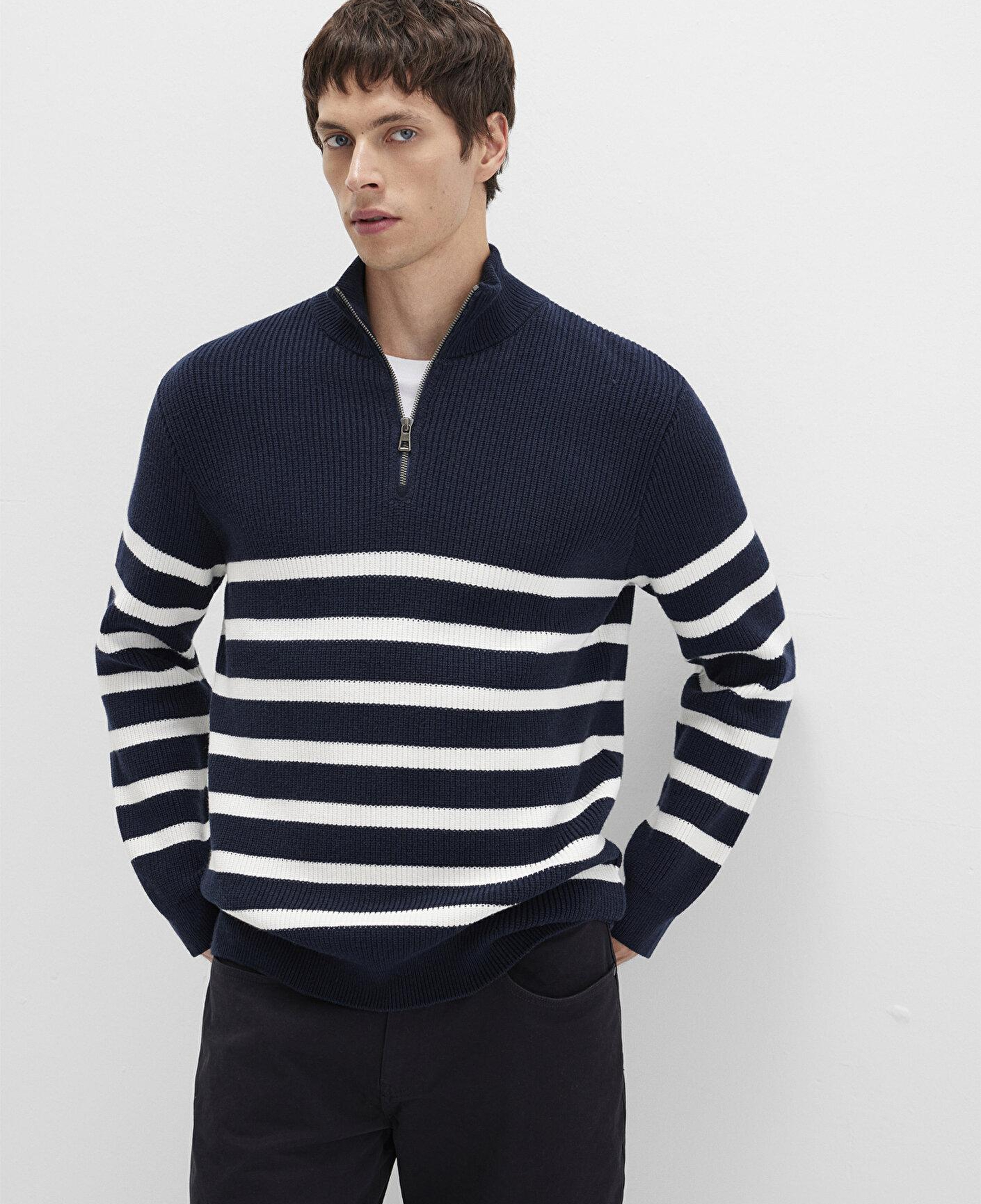 Mavi Yarı Fermuarlı Çizgili Lacivert Kazak Slim Fit / Dar Kesim 0710131-70490