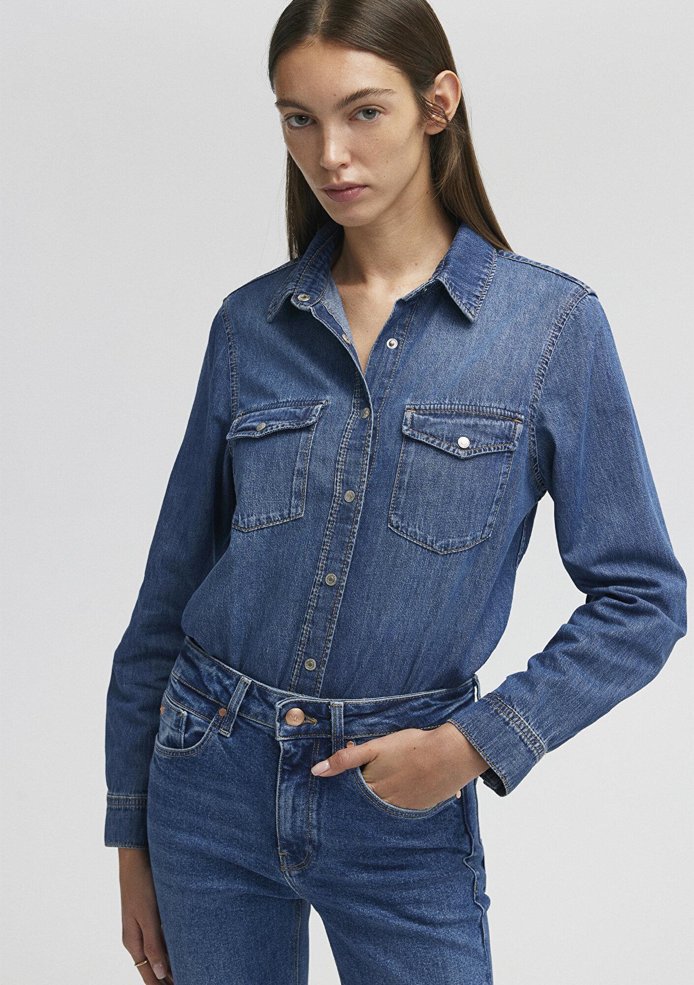 Mavi Merida Real Blue Koyu Mavi Jean Gömlek Fitted / Vücuda Oturan Kesim 1210662-86490