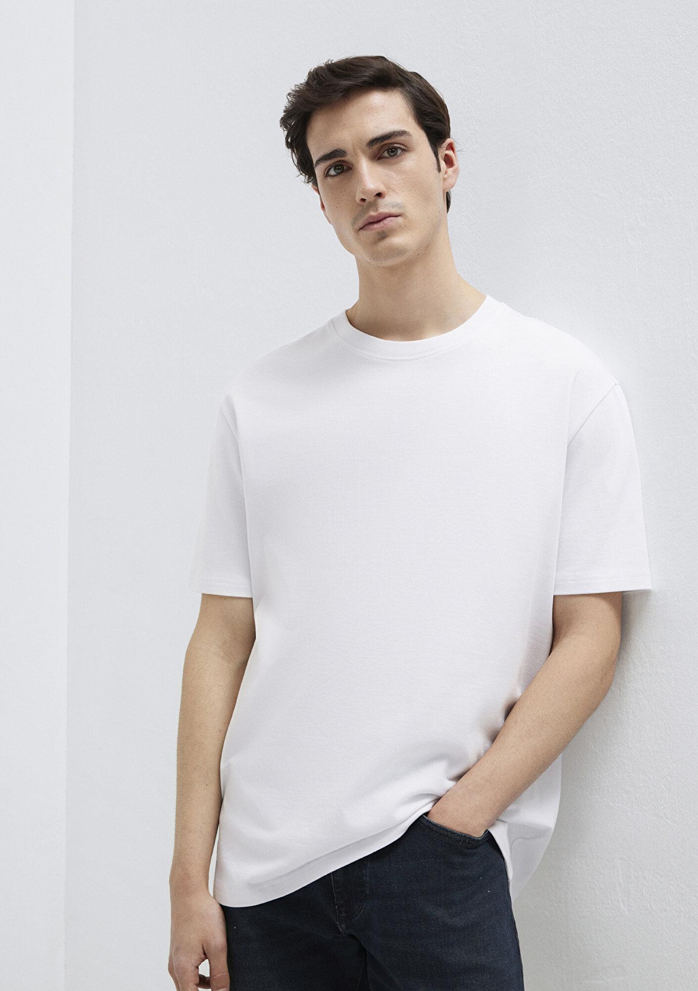 Mavi Bisiklet Yaka Beyaz Basic Tişört Loose Fit / Bol Rahat Kesim 0611596-620