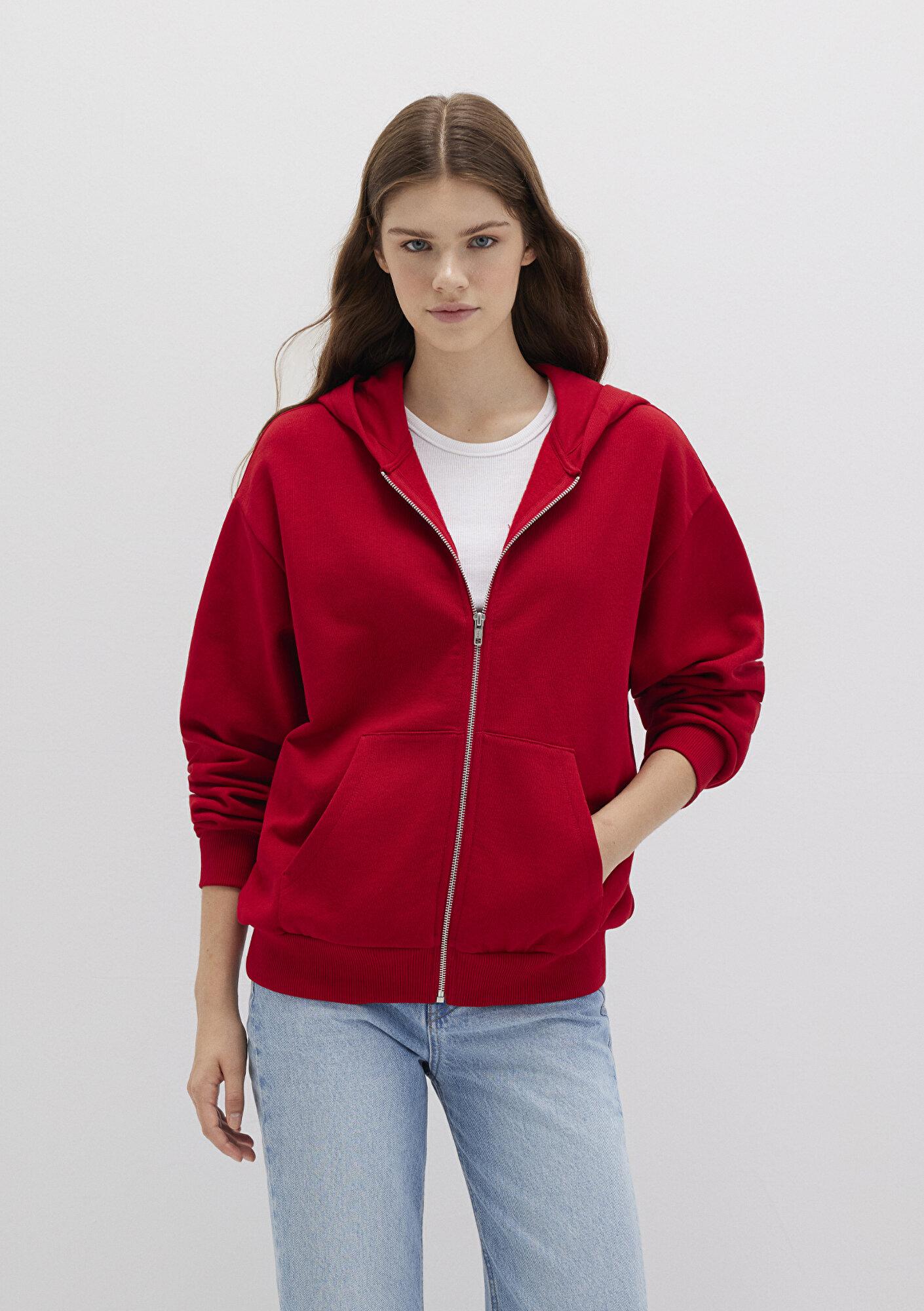 Mavi Fermuarlı Kapüşonlu Kırmızı Basic Sweatshirt 1611775-82054