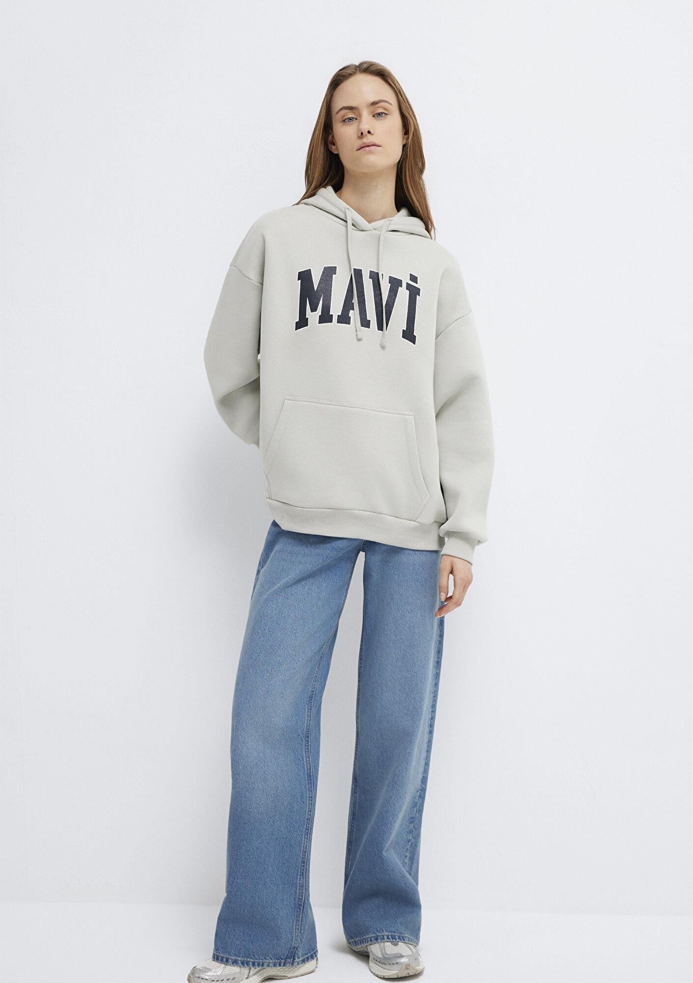 Mavi Mavi Logo Baskılı Kapüşonlu Gri Sweatshirt 1600361-34322
